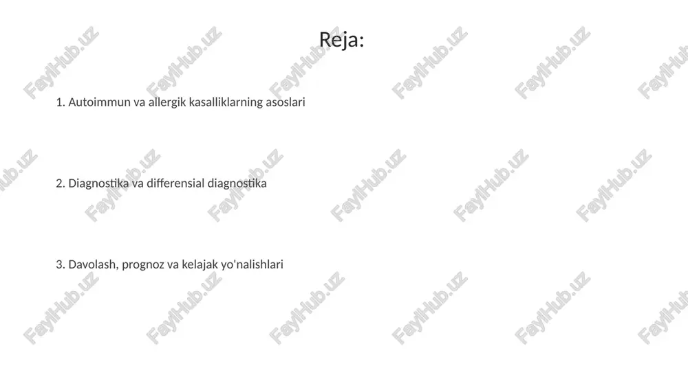 a mavsumiy allergenlar davrida. diagnostika usullari: laboratoriya va instrumental tekshiruvlar laboratoriya tekshiruvlari, masalan, antinuklear antitanalar (ana) testini o'z ichiga oladi, bu autoimmun kasalliklarining diagnostikasida yordam beradi va 1:40 yoki undan yuqori titr e'tiborga loyiqdir. allergiyani diagnostika qilish uchun ige darajasini aniqlash laboratoriya tekshiruvlarining muhim qismidir, umumiy ige darajasi 100 iu/ml dan yuqori bo'lsa, sezgirlikni ko'rsatishi mumkin. davolash usullari: zamonaviy yondashuvlar biologik dorilar, masalan, tnf-alfa ingibitorlari autoimmun kasalliklarni davolashda keng qo'llaniladi va yallig'lanishni kamaytirishga qaratilgan maqsadli terapiya hisoblanadi. allergen-spesifik immunoterapiya (asit) allergik kasalliklarni davolashda immunitet tizimini allergenlarga nisbatan tolerantlikka o'rgatish orqali amalga oshiriladi. prognoz, profilaktika va hayot sifati allergik kasalliklarning profilaktikasi allergen ta'sirini kamaytirishga qaratilgan; masalan, uyda chang miqdorini kamaytirish yoki oziq-ovqat allergiyalari bo'lgan bolalar uchun maxsus ovqatlanish tartibini joriy qilish. autoimmun kasalliklarda prognoz kasallikning turi va zo'ravonligiga bog'liq; masalan, remissiya uchun 60-80% imkoniyat bo'lgan ba'zi holatlar, boshqalari uchun esa surunkali kechadi. e'tiboringiz uchun rahmat image3.png image4.jpg image5.jpg image6.jpg image7.jpg image8.jpg …