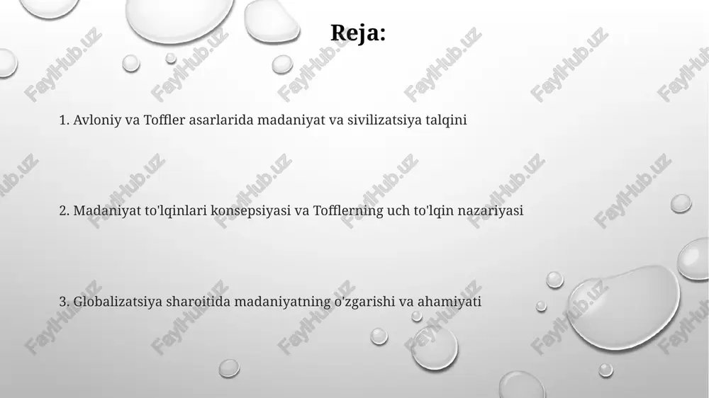 bosqichini ta'kidlaydi. tofflerning nazariyasi texnologik oʻzgarishlarga asoslangan holda uchta asosiy bosqichni oʻz ichiga oladi: agrar, industrial va informatsion, madaniyatni shakllantiruvchi asosiy omil sifatida. avloniy asarida madaniy meros va toffler asarida texnologiyaning roli avloniy madaniy merosni milliy o'zlikni saqlashning muhim vositasi deb biladi, uni kelajak avlodlarga yetkazish zarurligini ta'kidlaydi. bu meros xalqning 100 yillik tarixi bilan bog'liq boylikdir. toffler texnologiyani jamiyatni tubdan o'zgartiruvchi kuch sifatida ko'radi, u uchinchi to'lqin – informatsiya asrida 80-yillarda insoniyatning yangi bosqichga kirishini ta'minlaydi. avloniy asarida madaniy merosni asrab-avaylash orqali 20-asr boshidagi turkiston xalqining ma'naviy yuksalishi va milliy uyg'onishga erishishi mumkinligi aytiladi. ijtimoiy o'zgarishlar, globalizatsiya va madaniyatlararo ta'sir globalizatsiya madaniyatlararo ta'sirni kuchaytiradi, bu esa gibrid madaniy shakllarning paydo bo'lishiga olib keladi, masalan, xxi asrda ko'plab mamlakatlarda ommalashgan k-pop. ijtimoiy o'zgarishlar madaniyatning transformatsiyasiga olib keladi, texnologik taraqqiyot esa 100 yil ichida bir necha bor madaniy paradigmalar almashinuvini tezlashtirishi mumkin. ommaviy migratsiya oqimlari madaniyatlararo ta'sirga sezilarli ta'sir ko'rsatadi, bu …