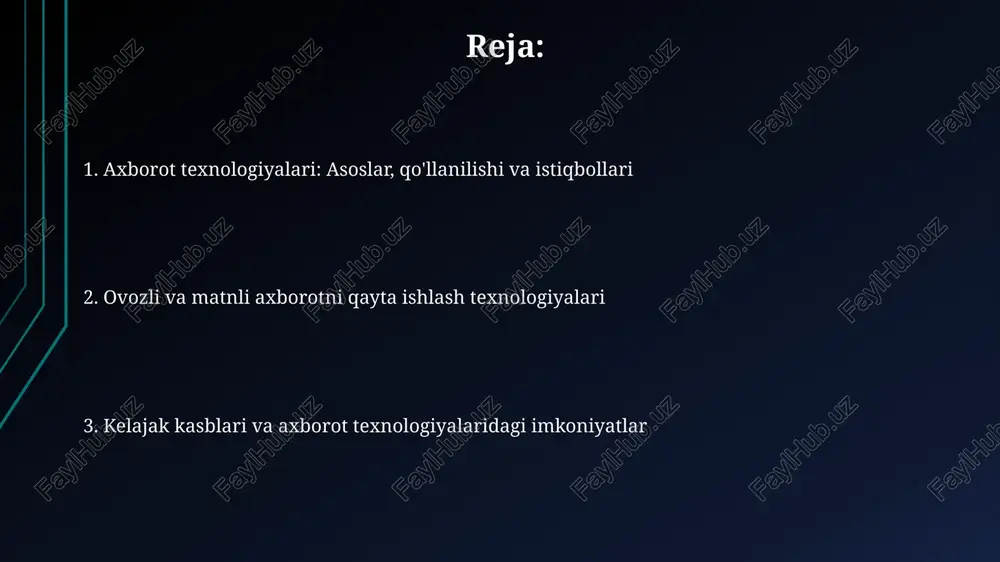 g bilim olishini yaxshilaydigan o'quv analitikasi vositalarini rivojlantirishga yordam beradi. ovozli va matnli axborotni qayta ishlash ovozli ma'lumotlarni qayta ishlash spektral tahlilni o'z ichiga oladi, unda fast fourier transform (fft) signaldagi turli chastotalar tarkibini aniqlaydi, bu esa 10-band ekvalayzerlar uchun muhimdir. matnli ma'lumotlarni qayta ishlash tabiiy tilni qayta ishlash (nlp) algoritmlaridan foydalanadi, masalan, matnni tahlil qilish va sentiment tahlili uchun ishlatiladigan 75% aniqlik bilan bo'lgan n-gram model. axborotni kodlash va siqish axborotni kodlash ascii, unicode kabi standartlar orqali amalga oshiriladi, bunda har bir belgi 0 va 1 lardan iborat 8 bitli (bayt) kod bilan ifodalanadi, bu esa kompyuterga tushunish imkonini beradi. axborotni siqish fayl hajmini kamaytirish uchun ishlatiladi; yo'qotishsiz siqish (misol uchun, zip) ma'lumotlarni yo'qotmaydi, yo'qotishli siqish (misol uchun, jpeg) esa sifati biroz pasaytiradi. ma'lumotlar bazalari va tarmoq texnologiyalari ma'lumotlar bazalari tranzaksiyalarning acid xususiyatlarini (atomlilik, izchillik, izolyatsiya, chidamlilik) ta'minlaydi, bu ma'lumotlarning 100% ishonchliligini kafolatlaydi. tarmoq topologiyalari, masalan, yulduz, halqa va …