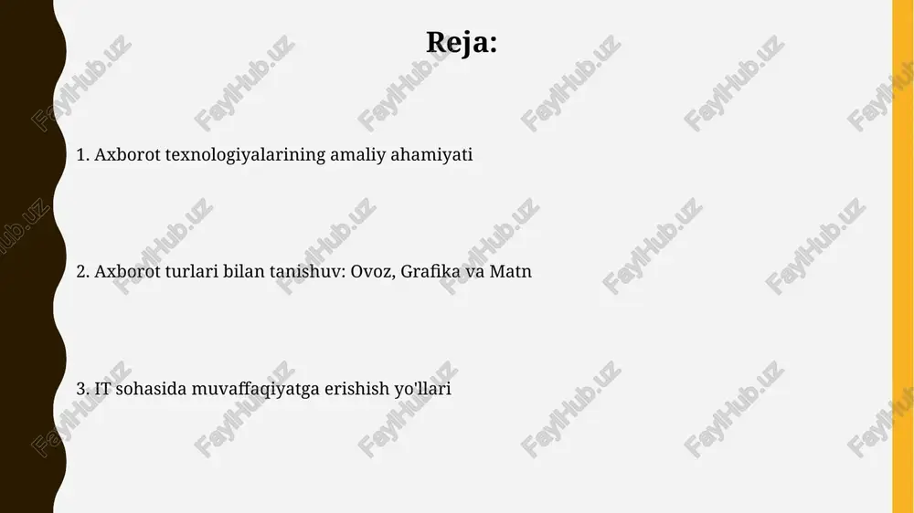 kodlash usullari va vazifalari matnli axborot tuzilishi ierarxik bo'lib, 1 belgidan (masalan, ascii kodidagi 8 bit) tortib, 2 so'z, jumla, xatboshi va 3 butun hujjatlargacha boradi. matnli axborotni kodlash usullari orasida unicode (16 bit) keng tarqalgan bo'lib, 2 ko'p tillarni qo'llab-quvvatlaydi, 3 ascii esa oddiy matn uchun 7 bitdan foydalanadi. axborotni qayta ishlash jarayonlari axborotni qayta ishlash jarayonlari 3 bosqichdan iborat: kiritish (ma'lumotlar yig'ish), qayta ishlash (algoritmlar bilan o'zgartirish), va chiqarish (natijalarni 1 yoki 0 ko'rinishida taqdim etish). axborotni qayta ishlashda 4 ta asosiy operatsiya qo'llaniladi: saralash (ma'lumotlarni tartiblash), birlashtirish (ikkita ma'lumotni birlashtirish), jamlash (umumiy natijani hisoblash) va tanlash (kerakli ma'lumotni ajratish). axborot tizimlari: turlari va arxitekturasi axborot tizimlari, masalan, 1-darajali transaksiyalarni qayta ishlash tizimlari (tpt), kundalik operatsiyalarni yozib boradi. arxitekturasi markazlashtirilgan, taqsimlangan yoki bulutga asoslangan bo'lishi mumkin. boshqaruv axborot tizimlari (bat) 2-darajali hisobotlarni yaratish uchun tpt ma'lumotlaridan foydalanadi. bat arxitekturasi ma'lumotlar ombori, etl jarayonlari va hisobot vositalarini o'z ichiga …