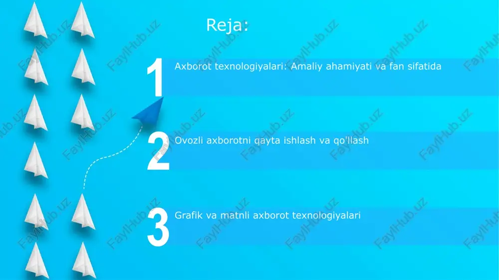 lan, 1920x1080) sifatga ta'sir qiladi; yuqori piksellar soni aniqroq tasvirni ta'minlaydi, lekin hajmi kattaroq bo'ladi. matnli axborotni qayta ishlash va qo'llash tabiiy tilni qayta ishlash (nlp) algoritmlari matnni tahlil qilib, 70% dan ortiq aniqlikda sentimentni aniqlash, tarjima qilish va chatbotlar uchun avtomatik javoblar yaratishga yordam beradi. matnni qayta ishlashda 1950-yillardan beri qo'llaniladigan ocr texnologiyasi, skanerlangan hujjatlardan matnni ajratib olish, tahrirlash va ma'lumotlar bazalariga kiritish imkonini beradi. zamonaviy matn muharrirlari 100 dan ortiq formatda fayllarni ochish, grammatik xatolarni tuzatish va avtomatik ravishda 99% gacha aniqlik bilan stilistik takliflar berish imkoniyatiga ega. amaliyotda axborot texnologiyalari misollari tibbiyotda it-ning qo'llanilishi, masalan, sun'iy intellektga asoslangan tashxis tizimlari orqali 95% aniqlikda kasalliklarni aniqlashga yordam beradi, bu esa shifokorlarga tezroq qaror qabul qilish imkonini beradi. qishloq xo'jaligida aniq dehqonchilik texnologiyalari gps va dronlar orqali hosildorlikni 30% ga oshiradi, sug'orishni optimallashtiradi va o'g'itlarni kamaytirish orqali ekologik ta'sirni kamaytiradi. ta'lim sohasida, masofaviy ta'lim platformalari 10000 dan ortiq talabalarga …