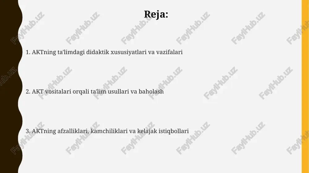 i yaxshilaydi. onlayn hamkorlik platformalari, masalan, google workspace for education, guruh loyihalarini 60% ga tezlashtiradi, o‘quvchilar o‘rtasida muloqot va javobgarlikni kuchaytiradi. aktdagi individualizatsiya va ta'lim resurslari aktdagi individualizatsiya o'quvchilarga moslashtirilgan ta'lim materiallarini, masalan, 3d modellar, simulyatsiyalar va interaktiv o'yinlarni taklif etadi, bu ularning qobiliyatiga mos resurslar bilan ta'minlaydi. akt resurslari ta'lim mazmunini 24/7 rejimda olish imkonini beradi, bu esa o'quvchilarga darsdan tashqari vaqtda ham o'zlashtirish darajasiga qarab materiallarni qayta ko'rib chiqish imkoniyatini beradi. o'quv resurslarining xilma-xilligi aktda mavjud: video darsliklar, interaktiv topshiriqlar, onlayn kutubxonalar va virtual laboratoriyalar kabi, bu har bir o'quvchiga o'ziga mos usulni topishga yordam beradi. masofaviy, aralash va mobil ta'limda aktning roli aralash taʼlimda akt darsliklar, video materiallar va interaktiv topshiriqlarni (masalan, virtual laboratoriyalar) taklif etib, anʼanaviy dars jarayonini boyitadi va individual rivojlanishni qoʻllab-quvvatlaydi. masofaviy taʼlimda akt video-konferensaloqa platformalari orqali real vaqt rejimida oʻquvchilarga 2 tomonlama aloqa imkoniyatini yaratadi, baholashni avtomatlashtiradi, 24/7 resurslarga kirishni osonlashtiradi. mobil taʼlimda …