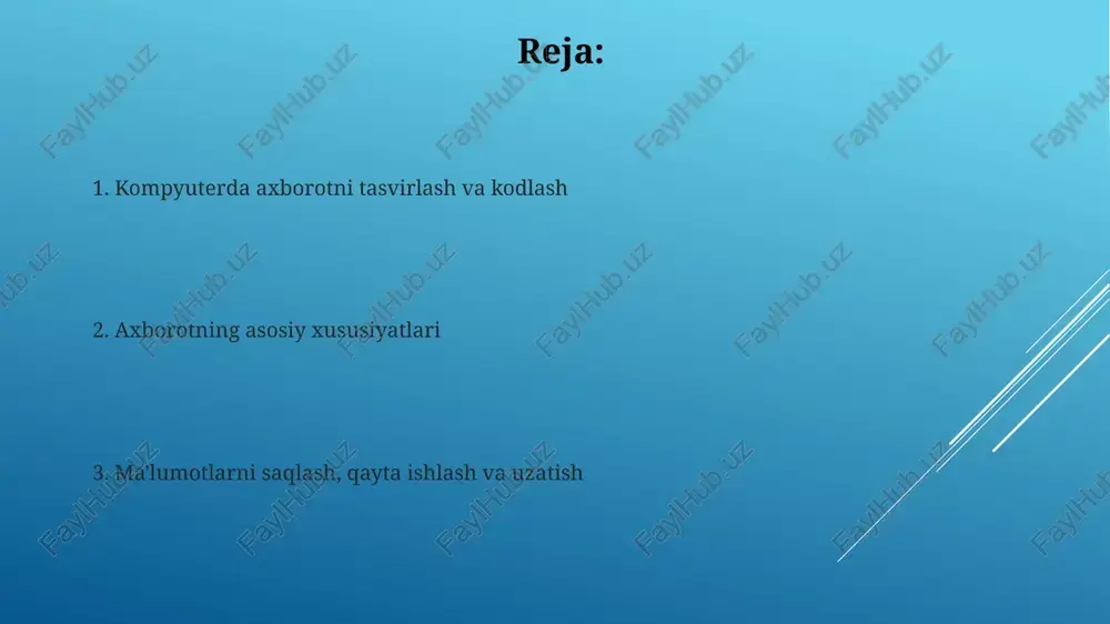 o'lchash va saqlash axborot hajmini o'lchashda bit eng kichik birlik bo'lib, u 0 yoki 1 qiymatni ifodalaydi. 8 bit bir baytni tashkil etadi va bayt xotirada bitta belgini saqlash uchun ishlatiladi. ma'lumotlarni saqlash usullari xotira (ram) va disk (hdd/ssd) kabi turli xil qurilmalarda amalga oshiriladi. ram vaqtinchalik saqlash uchun tezkor, disk esa doimiy saqlash uchun katta hajmli xotiradir. axborotni qayta ishlash va uzatish axborotni qayta ishlash deganda, kiritilgan ma'lumotlarni ma'lum algoritmlar asosida o'zgartirish tushuniladi, masalan, 16-bitli ma'lumotni filtrlash yoki 8-bitli formatga o'tkazish jarayoni. axborotni uzatishda 5g kabi zamonaviy texnologiyalar katta hajmdagi ma'lumotlarni sekundiga 10 gigabitgacha tezlikda uzatish imkonini beradi, bu esa real vaqt rejimida ishlash uchun zarur. ma'lumotlar bazasi ma'lumotlar bazasi - bu ma'lumotlarni samarali saqlash va olish uchun tuzilgan, tartiblangan, bir-biri bilan bog'langan ma'lumotlar to'plami bo'lib, uning asosiy vazifasi 1000 dan ortiq yozuvlarni boshqarishdir. relatsion ma'lumotlar bazasi modelida ma'lumotlar jadvallarda saqlanadi, har bir jadval ustunlari atributlarni ifodalaydi, qatorlari esa …
