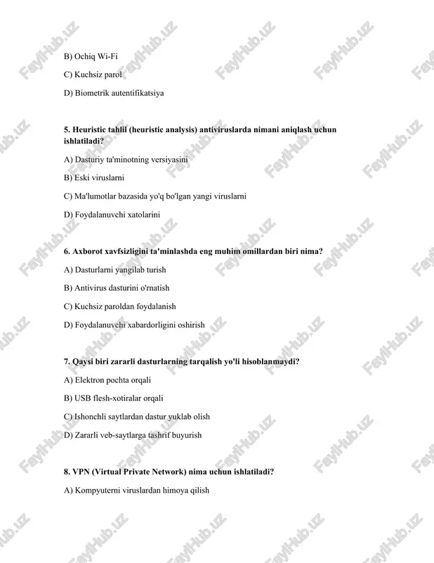 havola d) xatosiz grammatika 11. two-factor authentication (ikki faktorli autentifikatsiya) nima? a) faqat yuzni aniqlash orqali kirish b) faqat biometrik ma'lumotlar orqali kirish c) faqat parol orqali kirish d) parol va qo'shimcha xavfsizlik kodi orqali kirish 12. rootkit nima? a) tarmoq monitoringi dasturi b) fayllarni arxivlash dasturi c) antivirus dasturi d) operatsion tizimda yashirincha kirish imkonini beruvchi zararli dastur 13. backup (zaxira nusxasi) nima uchun kerak? a) viruslarni tozalash uchun b) dasturlarni yangilash uchun c) ma'lumotlarni yo'qotish holatida tiklash uchun d) kompyuterni tezlashtirish uchun 14. qanday qilib ma'lumotlar bazasini himoya qilish mumkin? a) standart parolni ishlatish orqali b) ma'lumotlarni shifrlash orqali c) ochiq wi-fi dan foydalanish orqali d) antivirus dasturini o'chirish orqali 15. dos (denial of service) hujumi nima? a) serverga haddan tashqari ko'p so'rovlar yuborish orqali uni ishdan chiqarish b) antivirus dasturini o'rnatish c) dasturiy ta'minotni yangilash d) ma'lumotlarni shifrlash 16. axborot xavfsizligi siyosati (information security policy) nima? a) …