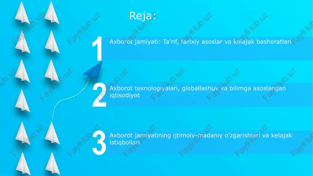 xborot inqilobini 3-to'lqin sifatida ko'radi, agrar va sanoat inqiloblaridan keyin keladigan, jamiyatni fundamental tarzda o'zgartiruvchi jarayon sifatida tasvirlaydi. toffler 'prosumer' tushunchasini kiritadi, bu iste'molchilarning ishlab chiqarishda faol ishtirok etishi, individualizatsiyani oshirishi va massaviy ishlab chiqarishning ahamiyatini kamaytirishi haqida. globallashuv, axborot texnologiyalari va bilimga asoslangan iqtisodiyot axborot texnologiyalarining tarqalishi bilimga asoslangan iqtisodiyotda 4.0 sanoat inqilobining asosiy omili bo'lib, unda intellektual kapital 50% dan yuqori hissa qo'shadi. globallashuv axborot texnologiyalari orqali transmilliy korporatsiyalar rivojlanishini tezlashtirdi, bu esa 20-asr oxiridan boshlab jahon iqtisodiyotining 30% dan ortig'ini tashkil etdi. globallashuv axborot almashinuvi orqali milliy iqtisodiyotlarning o'zaro bog'liqligini oshirdi, bu esa 1995-yildan beri savdo hajmining 2 baravar o'sishiga olib keldi. raqamli tafovut, tengsizlik va axborot xavfsizligi muammolari raqamli tafovut global miqyosda 60% ga yaqin aholi internetga kira olmasligini ko'rsatadi, bu ta'lim, sog'liqni saqlash va iqtisodiy imkoniyatlarga ta'sir qiladi. axborot xavfsizligi muammolari, jumladan 33 milliarddan ortiq yozuv buzilishi shaxsiy ma'lumotlar o'g'irlanishi va moliyaviy firibgarliklarga olib keladi. …