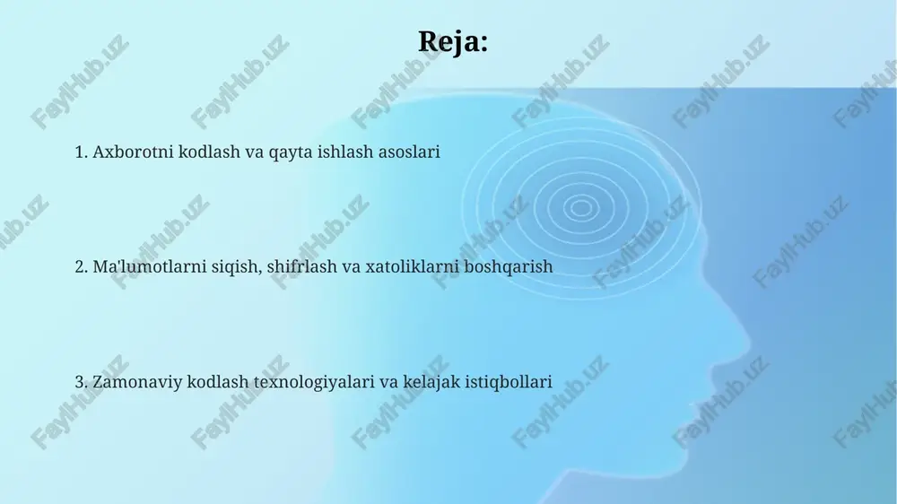 larini o'z ichiga oladi. unicode esa milliondan ortiq belgilarni qamrab oluvchi kengroq standartdir. huffman kodlash usuli ma'lumotlarni siqish uchun ishlatiladi va eng ko'p uchraydigan belgilarga qisqa kodlarni, kam uchraydiganlariga esa uzun kodlarni beradi. bu o'rtacha bit tezligini kamaytiradi. ma'lumotlarni siqish va shifrlash ma'lumotlarni siqish fayl hajmini kamaytirish uchun ishlatiladi, masalan, zip fayllari 70% gacha kamayishi mumkin, bu esa saqlash xarajatlarini optimallashtiradi va uzatish tezligini oshiradi. ma'lumotlarni shifrlash, masalan, aes-256 algoritmidan foydalanib, axborotni himoya qiladi, bunda ma'lumotlar kalit yordamida o'qib bo'lmaydigan holatga keltiriladi. ma'lumotlarni siqish va shifrlash birgalikda qo'llanilganda, masalan, tls 1.3 protokoli, ma'lumotlar birinchi siqiladi, so'ngra shifrlanadi, bu esa xavfsizlikni va samaradorlikni oshiradi. xatolikni aniqlash va tuzatish usullari crc (siklik ortiqcha tekshirish) xatolarni aniqlash uchun matematik algoritmni qo'llaydi, bunda ma'lumotlar polinimiga bo'linadi va qoldiq xatolikni aniqlaydi, bu juda samarali usuldir. xatolikni aniqlash usullari, masalan, paritet tekshiruvi, qo'shimcha bitdan foydalanib, bitlar soni 1 ga tengligini tekshiradi, bu esa 1 yoki 2 …