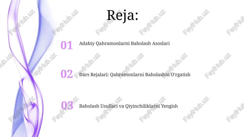 nobatga olish zarur. har bir janr qahramonlar xususiyatini ochib berishda o'ziga xos imkoniyatlar yaratadi. baholash usullari va vositalari rubrikalar qahramon xususiyatlarini baholash uchun aniq mezonlarni taqdim etadi, masalan, axloqiylik (0-5 ball), motivatsiya (0-5 ball), o'zgarish (0-5 ball) va ta'sir (0-5 ball). baholash varaqalari talabalarga qahramonning harakatlari, dialogi va boshqa personajlar bilan munosabatlari asosida 3-5 ta asosiy jihatni baholashga yordam beradi. o'z-o'zini baholash va sinfdoshlarni baholash, qahramonni tahlil qilishdagi turlicha nuqtai nazarlarni hisobga oladi va 1 dan 10 gacha bo'lgan shkala asosida fikr-mulohazalarni taqdim etadi. qiyinchiliklar, yechimlar va resurslar talabalarning qahramon bahosiga nisbatan subyektivligi muammo tug'dirishi mumkin; yechim - rubrikalar orqali 3 ta dalilga asoslangan tahlilga e'tibor qaratish. qahramonlarning xatti-harakatlarini tushunishda qiyinchiliklar paydo bo'lishi mumkin; yechim - 1 dan 5 gacha bo'lgan shkala bo'yicha motivatsiyani baholash, bu jarayonni soddalashtiradi. talabalarda yetarli adabiy tushunchalar bo'lmasligi mumkin; resurslar - onlayn lug'atlar, 2 yoki 3 ta tushuntirish bilan qo'shimcha qahramon tahlili materiallari. e'tiboringiz uchun …
