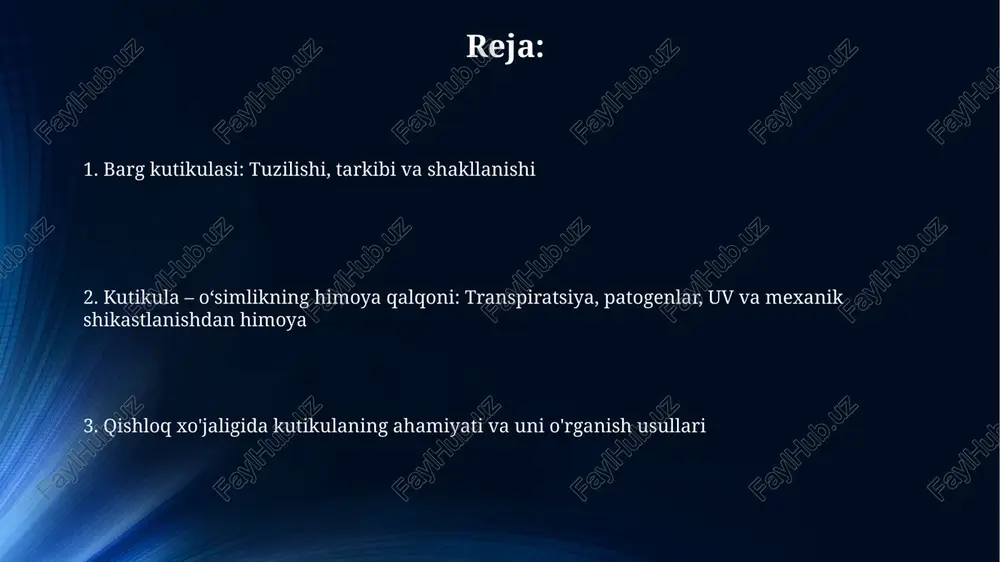ik shikastlanishdan himoya va kutikula modifikatsiyasi kutikula o'zining qattiq tuzilishi va kompozitsiyasi tufayli barg yuzasini jarohatlanishdan himoya qiladi, bu esa hujayralar shikastlanishini taxminan 50% ga kamaytiradi. kutikula tarkibi va qalinligi turli xil omillarga qarab o'zgarishi mumkin, masalan, o'simlik turi, yashash joyi va yoshiga qarab 10 dan 100 mkm gacha bo'lishi mumkin. kutikula evolyutsiyasi va qishloq xo'jaligidagi ahamiyati kutikula evolyutsiyasi quruqlikka moslashishda muhim rol o'ynadi, o'simliklarga 450 million yil avval suvsizlanishdan himoya qilib, yerda yashashga imkon berdi. qishloq xo'jaligida kutikula hosil bo'lishini yaxshilash hosildorlikni oshiradi, 20% gacha suv yo'qotilishini kamaytirib, zararkunandalarga chidamlilikni oshirishi mumkin. kutikulani tadqiq qilish usullari kutikulaning kimyoviy tarkibini aniqlash uchun gaz xromatografiyasi-mass spektrometriyasi (gc-ms) kabi usullar qo'llaniladi, bu esa kutikula mumlarida mavjud bo'lgan turli xil birikmalarni ajratib olish va aniqlash imkonini beradi. atom kuch mikroskopiyasi (afm) kutikula sirtining nanoo'lchamli tasvirlarini olishga imkon beradi, bu esa uning sirt tuzilishi, g'ovakliligi va mexanik xususiyatlarini o'rganishda muhim rol o'ynaydi. e'tiboringiz uchun …