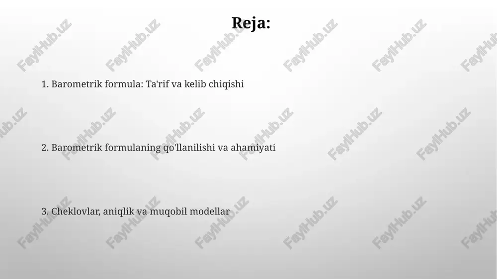 eladi. 9.8 m/s^2 standart qiymatdir. barometrik formulaning amaliy qo'llanilishi barometrik formula aviatsiyada muhim ahamiyatga ega bo'lib, u samolyotning balandligini aniqlash uchun ishlatiladi. standart atmosfera bosimiga asoslangan hisob-kitoblar navigatsiya xavfsizligini ta'minlaydi. balandlikni aniqlashda barometrik formula tog'larda va boshqa baland joylarda vertikal masofani hisoblash imkonini beradi. bu geodeziya va kartografiya sohalarida 10 metrgacha aniqlikni berishi mumkin. cheklovlar, taxminlar va aniqlikka ta'sir etuvchi omillar barometrik formula ideal gaz qonuniyatiga asoslanadi, lekin haqiqiy gazlar yuqori bosimda og'ishadi, bu esa balandlikni aniqlashda xatolikka olib kelishi mumkin, ayniqsa 1000 metrdan yuqori balandliklarda. formula doimiy haroratni taxmin qiladi, ammo atmosfera harorati balandlik bilan o'zgaradi (taxminan 6.5°c har 1000 metrga), bu esa hisoblashlarda sezilarli farqlarga olib kelishi mumkin. muqobil formulalar, modellar va amaliy masalalar havo bosimini hisoblash uchun standart atmosfera modeli, shuningdek, barometrik formulaga muqobil bo'lib, 1976-yildagi aqsh standart atmosfera ko'rsatkichlaridan foydalanadi. dengiz sathidan 86 kilometrgacha (geopotentsial balandlik) havo bosimini hisoblash uchun differensial tenglamalar to'plamiga asoslangan raqamli modellar …