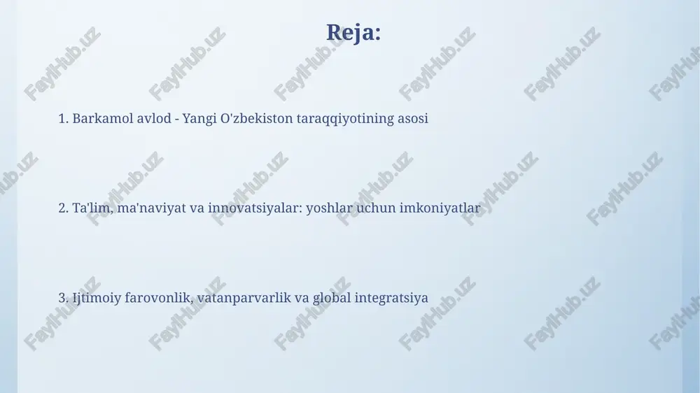 y salomatligi o'zbekistonda 2024-yilga kelib, aholining kamida 30 foizi muntazam ravishda sport bilan shug'ullanishi rejalashtirilgan, bu jismoniy faollikni oshirishga qaratilgan davlat dasturlari orqali amalga oshiriladi. hukumat sog'lom ovqatlanishni targ'ib qilish maqsadida maktablarda va davlat muassasalarida fastfud mahsulotlari savdosini cheklash bo'yicha qat'iy choralar ko'rmoqda, bu esa yosh avlodning salomatligiga ijobiy ta'sir ko'rsatadi. ijtimoiy himoya: yoshlarga g'amxo'rlik va ko'mak yoshlarga ijtimoiy himoya doirasida kam ta'minlangan oilalarning farzandlariga 14 yoshgacha nafaqa va moddiy yordam ko'rsatilib, ularning ta'lim olishi uchun sharoit yaratiladi. “yoshlar daftari” orqali 30 yoshgacha bo'lgan ishsiz yoshlarga kasb o'rgatish, tadbirkorlikka yo'naltirish va bandligini ta'minlash bo'yicha kompleks chora-tadbirlar amalga oshirilmoqda. madaniy rivojlanish: san'at va ijodkorlikni qo'llab-quvvatlash 2017-yildan beri 100 dan ortiq madaniy meros ob'ektlari restavratsiya qilindi, bu esa milliy o'zlikni saqlashga qaratilgan investitsiyalarni ko'rsatadi. o'zbekistonda 30 ga yaqin davlat teatrlariga subsidiyalar ajratiladi, bu esa sahna san'atini rivojlantirish va ijodkorlikni qo'llab-quvvatlashning muhim usuli hisoblanadi. fan va innovatsiyalar: kelajak uchun yangi g'oyalar 2022-2026 yillarda …