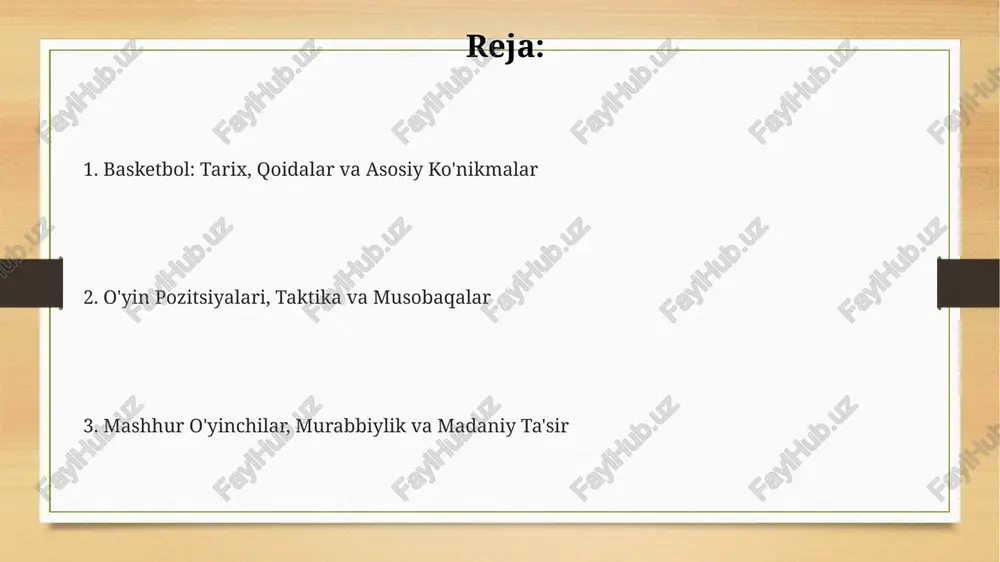 nasi) yaqin masofadan to'pni tashlash uchun 2 qadamdan foydalanadi, raqib himoyasini yorib o'tish uchun esa kuchli zarbalarni amalga oshiradi. jamoa taktikasi "pick and roll" taktikasi ikki o'yinchi ishtirokida amalga oshiriladi: bir o'yinchi to'pni olib yuradi, ikkinchisi esa himoyachiga to'siq qo'yadi, so'ngra darhol savatga harakatlanadi, 2-ochkolik imkoniyat yaratadi. mudofaa zonasi 2-3 yoki 3-2 shakllarida qo'llaniladi, bunda o'yinchilar maydonning ma'lum qismlarini himoya qiladi, raqib hujumini to'xtatish va to'pni qaytarib olishga harakat qiladi. tezkor hujum (fast break) taktikasi to'pni qo'lga kiritgandan so'ng tezda raqib himoyasiga o'tishni anglatadi, bunda ko'pincha 1 ga 0, 2 ga 1 kabi ustunliklar yuzaga keladi, oson ochko olish imkonini beradi. musobaqalar va ligalar fiba basketbol bo'yicha jahon chempionatini to'rt yilda bir marta o'tkazadi, unda milliy terma jamoalar jahon chempioni unvoni uchun kurashadilar, bu esa basketbolning global miqyosdagi nufuzini oshiradi. nba - eng nufuzli professional basketbol ligasi bo'lib, 30 ta jamoa (29 tasi aqshdan va 1 tasi kanadadan) ishtirok etadi, …