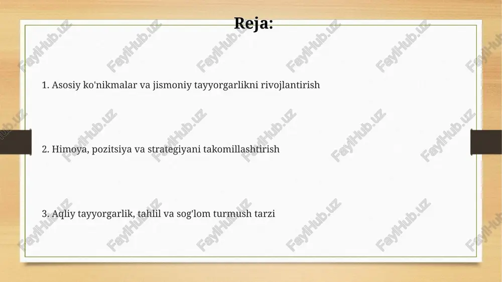 imoyaga o'tish kabi qisqa muddatli rejalar. jismoniy va aqliy tayyorgarlikni kuchaytirish tezlikni oshirish uchun interval treningi va sprint mashqlarini qo'llang. masalan, 30 soniya maksimal sprint, so'ngra 60 soniya dam olish; 10-15 marta takrorlang, bu tezlikni sezilarli darajada oshiradi. aqliy tayyorgarlikda diqqatni jamlash texnikalaridan foydalaning. misol uchun, 'qutidagi nafas olish' (4 soniya nafas olish, 4 soniya ushlab turish, 4 soniya chiqarish) o'yin davomida diqqatni jamlashga yordam beradi. kuchni oshirish uchun 3-4 kun davomida og'ir atletika mashqlarini bajaring (skvot, bench press, deadlift). har bir mashqda 3-5 to'plam 5-8 martadan qiling, bu mushaklarni kuchaytiradi. sog'lom turmush tarzi va jarohatlarning oldini olish etarli dam olish va tiklanish jarohatlarning oldini olishda muhim ahamiyatga ega; har kuni 7-9 soat uxlash, mushaklarni tiklash uchun mashqlar orasida kamida 1 kun dam oling. to'g'ri ovqatlanish sportchining tiklanishini yaxshilaydi: har kuni kamida 5 porsiya meva va sabzavot iste'mol qiling, muskullar uchun protein va energiya uchun murakkab uglevodlar bilan ta'minlang. jarohatlardan …