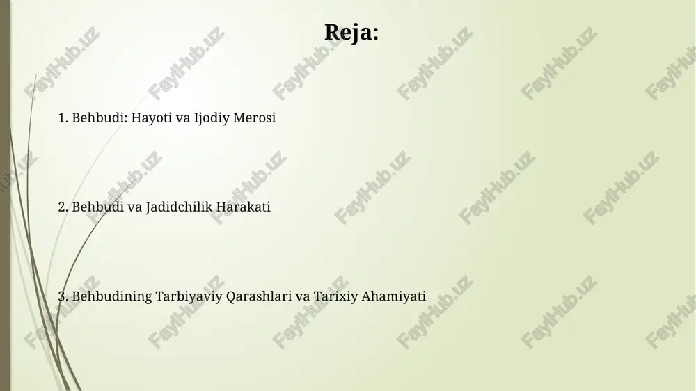 xalqchil va tushunarlidir. uning tilida arab, fors va turkiy tillarining ta'siri seziladi, lekin u o'z asarlarida xalq tiliga yaqin bo'lgan oddiy va ravon uslubni qo'llagan. matnlar sodda tuzilgan. merosining o'rganilishi, ommalashtirilishi va hozirgi kundagi ta'siri behbudiy merosini o'rganish 21-asrda kuchaydi, ko'plab konferensiyalar, ilmiy maqolalar va tadqiqot markazlari uning jadidchilikdagi roli va adabiy asarlarini tahlil qilmoqda. uning pedagogik qarashlari hozirgi kunda ham dolzarb bo'lib, ta'lim tizimida milliy qadriyatlarni singdirish, yosh avlodni ma'rifatli etib tarbiyalash uchun ibrat bo'lib xizmat qilmoqda. e'tiboringiz uchun rahmat image1.jpg image2.jpg image3.jpg image4.jpg image5.jpg image6.jpg