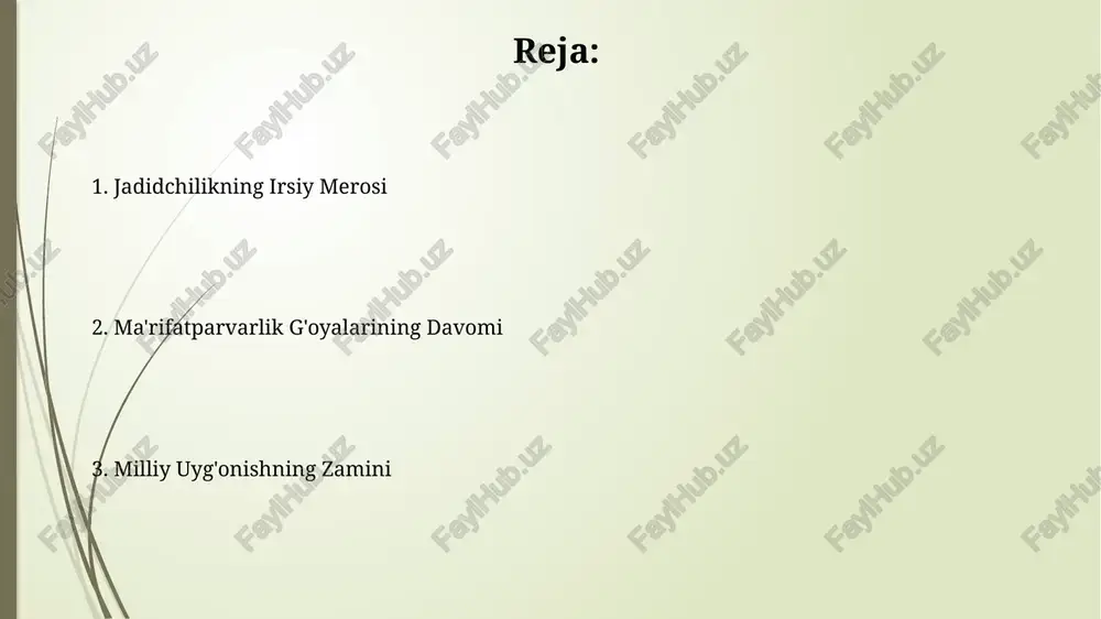 adidlar, xx asr boshida zamonaviy maktablar va teatrlar orqali milliy o'zlikni shakllantirishga intildi, bu esa mustaqillik harakatlariga turtki bo'lgan siyosiy ongni rivojlantirdi. xulosa: jadidchilik merosining ahamiyati jadidchilik merosi 20-asr boshlarida milliy o'zlikni anglash va madaniy yuksalishga turtki bo'ldi, bu mintaqa xalqlari uchun muhim ahamiyatga ega edi. jadidlar ta'lim sohasida sezilarli islohotlar o'tkazib, usuli jadid maktablarini tashkil etdi, bu esa savodxonlik darajasini oshirishga xizmat qildi va intellektual o'sishni ta'minladi. e'tiboringiz uchun rahmat image1.jpg image2.jpg image3.jpg image4.jpg image5.jpg image6.jpg