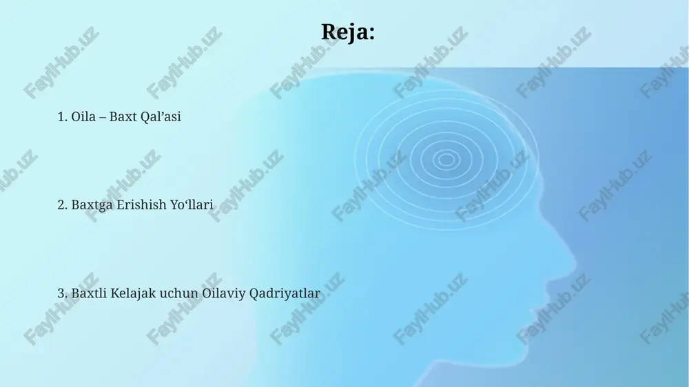 lar tarbiyasida 0 yoshdan 7 yoshgacha bo'lgan davr ayniqsa muhimdir, chunki bu vaqtda shaxsning asosiy axloqiy va ijtimoiy me'yorlari shakllanadi. oila a'zolarining o'zaro munosabatlari bolalarga ta'sir etadi; baxtli oilada o'sgan bola 80% hollarda jamiyatga moslashuvchan va muvaffaqiyatli bo'ladi. bolalarni tarbiyalashda faqatgina moddiy ta'minot emas, balki 5 asosiy insoniy qadriyatlarni – mehr, adolat, hurmat, mas'uliyat va halollikni singdirish muhim. oila va jamiyatdagi roli oila demografik jarayonlarga, xususan tug'ilish darajasiga bevosita ta'sir qiladi, 2.1 farzand o'rtacha ko'rsatkichda bo'lishi kerakki, jamiyatning uzluksiz rivojlanishi ta'minlansin. oila jamiyat uchun asosiy hujayra bo'lib, unda axloqiy me'yorlar shakllanadi, milliy qadriyatlar saqlanadi va avloddan avlodga 80% o'tadi hamda madaniy meros uzluksizligi ta'minlanadi. oila iqtisodiy faollikda muhim rol o'ynaydi, iste'molchi sifatida talabni shakllantiradi va tadbirkorlik faoliyati orqali 65% ish o'rinlarini yaratishda qatnashadi. zamonaviy oilaning muammolari va baxtli kelajak uchun yechimlar karyera o‘sishi va shaxsiy rivojlanishga intilish tufayli, zamonaviy ota-onalar bolalar tarbiyasiga yetarli vaqt ajratishga qiynalmoqda. yechim – ota-onalik vazifalarini …
