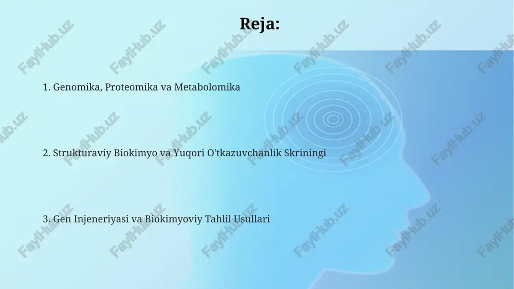 glab birikmalarni robotlashtirilgan tarzda tekshirib, bir necha kun ichida dori nomzodlarini aniqlash uchun ishlatiladi, bu esa 10000 dan ortiq sinovlarni o'tkazish imkonini beradi. farmatsevtik biokimyoda dori vositalarining maqsadga bog'lanishini, metabolizmini va toksikligini tushunish uchun in vitro va in vivo usullaridan foydalaniladi; masalan, ic50 ni aniqlash orqali maqsadli oqsilga bog'lanish ko'rsatiladi. strukturaviy biokimyo: kristalografiya, nmr va krio-em kristallografiya oqsillarning 3d strukturasini aniqlash uchun rentgen nurlari difraksiyasidan foydalanadi, bu esa atomlarning joylashishini yuqori aniqlikda ko'rsatadi va dorilar dizayniga yordam beradi. nmr spektroskopiyasi eritmadagi oqsillarning dinamikasini o'rganishga imkon beradi, molekulaning harakatini va konformatsiyalarini aniqlash, bu esa oqsil funksiyasini tushunish uchun muhim. krio-em oqsillarni muzlatilgan holda tasvirlaydi, yuqori rezolyutsiyada strukturalarni ko'rish imkonini beradi va membrana oqsillari kabi kristallash qiyin bo'lgan namunalar uchun ideal. kompyuter biologiyasi va bioinformatika bioinformatika oqsillar tuzilishini bashorat qilish uchun kompyuter modellarini qoʻllaydi, 3d modellarni yaratish uchun ma’lumotlardan foydalanadi va dori vositalarini loyihalashga hissa qoʻshadi. kompyuter biologiyasi genom maʼlumotlarini tahlil qilish …