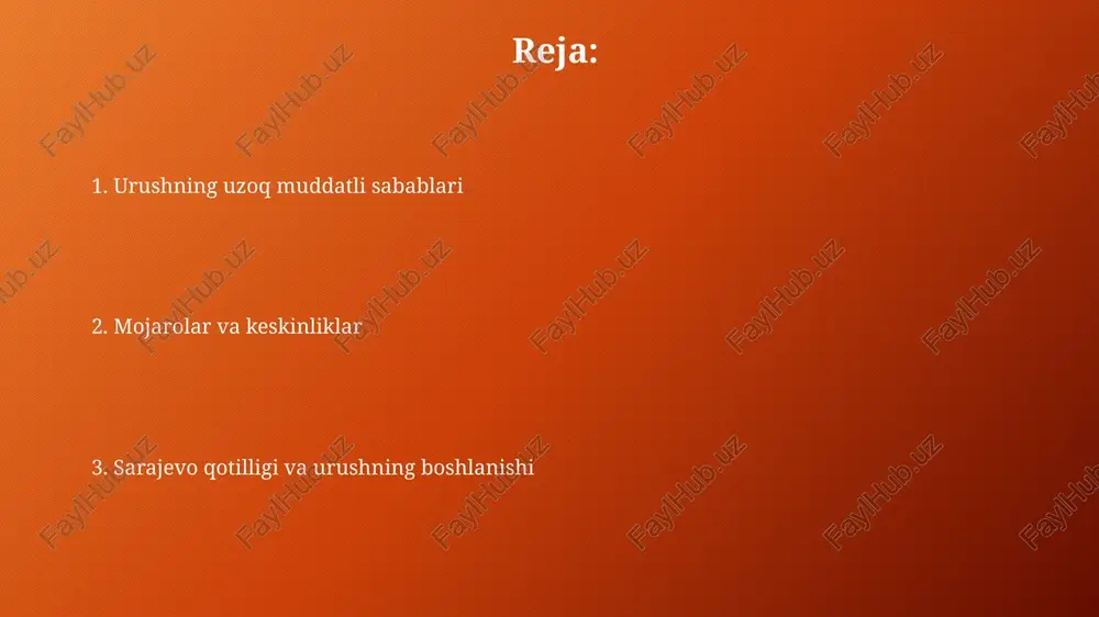 6 va 1911-yillarda germaniya va fransiya o'rtasida kuchaygan raqobat sababli keskinlikni oshirib, germaniya hukumatining marokashga bo'lgan da'volariga qarshi chiqdi. bolqon urushlari (1912-1913) hududiy mojarolarni kuchaytirdi, ayniqsa, serbiya va avstriya-vengriya o'rtasidagi ziddiyat, bu urushning kelib chiqishiga bevosita ta'sir ko'rsatdi. 1908-yildagi bosniya inqirozi avstriya-vengriyaning bosniyani anneksiya qilishi bilan yuzaga keldi, bu serbiya va rossiyaning noroziligiga sabab bo'ldi va mintaqadagi vaziyatni keskinlashtirdi. sarayevo qotilligi va ultimatum avstriya-vengriya serbiya qirolligiga 1914-yil 23-iyulda o'n banddan iborat shartlar ro'yxati bo'lgan ultimatum yubordi, bu mojaroni hal qilish uchun qilingan harakat edi. sarayevo qotilligi 1914-yil 28-iyun kuni avstriya-vengriya taxti vorisi arsgersog frans ferdinandning o'ldirilishi bilan yuz berdi, bu urush uchun katalizator bo'ldi. ultimatumda serbiya hukumatiga avstriya-vengriya tomonidan belgilangan shartlarni qabul qilish uchun 48 soat vaqt berildi, bu urush ehtimolini oshirdi. safarbarlik va muvaffaqiyatsiz diplomatiya urushning oldini olish bo'yicha so'nggi daqiqalardagi telegraf xabarlari almashinuvi, xususan, niki-villi yozishmalari kelishuvga erishishda samarasiz bo'lib chiqdi. rossiyaning 1914-yil iyul oyida qisman safarbarlik haqidagi …