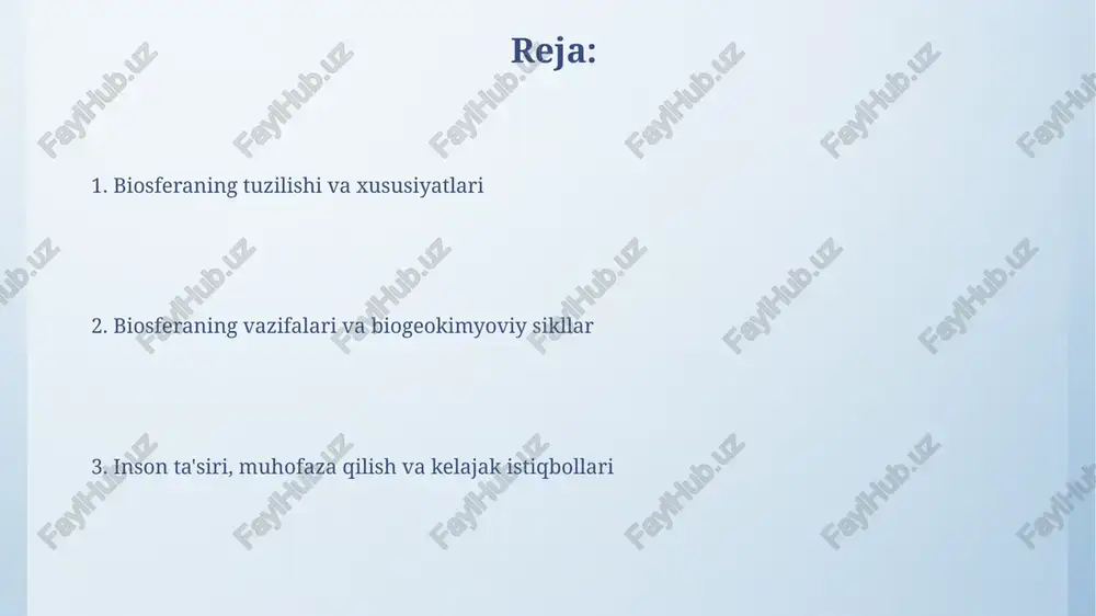 sosiy xususiyatlari biosfera o'z-o'zini boshqaruvchi tizim bo'lib, u turli xil ekosistemalar orqali barqarorlikni saqlaydi va atmosfera, gidrosfera va litosferaning o'zaro ta'sirini tartibga soladi. biosfera ochiq energetik tizimdir, ya'ni quyoshdan energiya oladi, ammo materiya bo'yicha yopiq hisoblanadi. bu biogeokimyoviy sikllar orqali moddalarning doimiy aylanishini ta'minlaydi. insonning biosferaga ta'siri va muhofaza qilish insonning faoliyati tufayli 70% qishloq xo'jaligi yerlari degradatsiyaga uchradi, o'rmonlar qisqardi va atmosferaga 37 milliard tonna co2 ajratildi, bu iqlim o'zgarishiga sabab bo'lmoqda. biosferani muhofaza qilish uchun 2030 yilgacha 30% quruqlik va okean hududlarini qo'riqlanadigan hududlar sifatida belgilash, qayta tiklanuvchi energiya manbalaridan foydalanish va chiqindilarni kamaytirish zarur. barqaror rivojlanish va kelajak istiqbollari barqaror rivojlanish 2030 yilga qadar birlashgan millatlar tashkilotining 17 ta barqaror rivojlanish maqsadlariga erishishga qaratilgan boʻlib, ijtimoiy va ekologik muammolarni hal etishni maqsad qiladi. kelajak istiqbollari energiya tejaydigan texnologiyalarni, qayta tiklanadigan energiya manbalarini (quyosh, shamol) keng qoʻllashni va 2 gradusdan past harorat koʻtarilishiga erishishni oʻz ichiga oladi. e'tiboringiz …