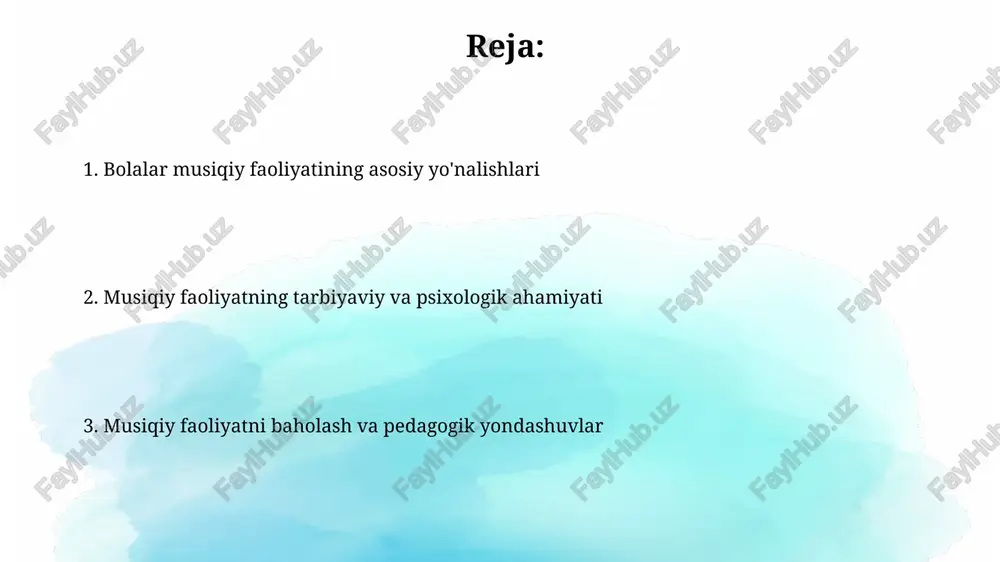 unikatsiya orqali o'zaro ta'sirni o'rgatadi, bu ularning madaniy integratsiyasini osonlashtiradi. psixologik jihatdan, musiqiy o'yinlar bolaning hissiy barqarorligiga ta'sir etib, 65% gacha stressni kamaytiradi, shu bilan birga ijodiy qobiliyatlarini rivojlantirib, o'zini ifoda etishga yordam beradi. pedagogik yondashuvlar, baholash usullari va yosh xususiyatlari pedagogik yondashuvlarda 3-5 yoshli bolalar uchun o'yinlar orqali o'qitish muhim, bunda didaktik materiallar va ko'rgazmali qurollar katta ahamiyatga ega. baholash usullarida 6-7 yoshli bolalar uchun ijodiy topshiriqlar (masalan, ritmik improvizatsiyalar) muhim bo'lib, ularning musiqiy qobiliyatlarini baholashga yordam beradi. e'tiboringiz uchun rahmat image2.png image3.jpg image4.jpg image5.jpg image1.png