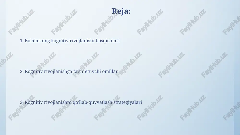 im uchun muhimdir. xotira rivojlanishi 3 yoshdan keyin tezlashadi, bolalar 3-4 ta elementdan iborat ketma-ketlikni eslab qolishi mumkin, bu esa oddiy topshiriqlarni bajarishga yordam beradi. til va fikrlash rivojlanishi til va fikrlashning rivojlanishi 2 yoshdan 7 yoshgacha boʻlgan davrda sezilarli oʻzgarishlarga uchraydi, bu davrda bolalar tushunchalarni ifodalash uchun ramziy fikrlashdan foydalanadilar. bolalarning kognitiv rivojlanishida til murakkab sintaksis qoidalarini o'zlashtirish va 5 yoshga kelib 1000 dan ortiq so'zni bilish orqali namoyon bo'ladi. kognitiv rivojlanishga ta'sir etuvchi omillar irsiyat, jumladan, genetik moyilliklar, bolaning kognitiv qobiliyatlarini shakllantirishda muhim rol o'ynaydi. misol uchun, 40-60% aql darajasining o'zgarishi genetik omillar bilan bog'liq. atrof-muhit omillari, masalan, erta yoshdagi ta'lim va o'yin imkoniyatlari, bolaning miya rivojlanishiga ta'sir ko'rsatadi. 1-3 yoshdagi sifatsiz parvarish kognitiv rivojlanishni kechiktirishi mumkin. e'tiboringiz uchun rahmat image4.png image5.jpg image6.jpg image7.jpg image8.jpg image9.jpg image10.jpg image11.jpg image1.jpeg