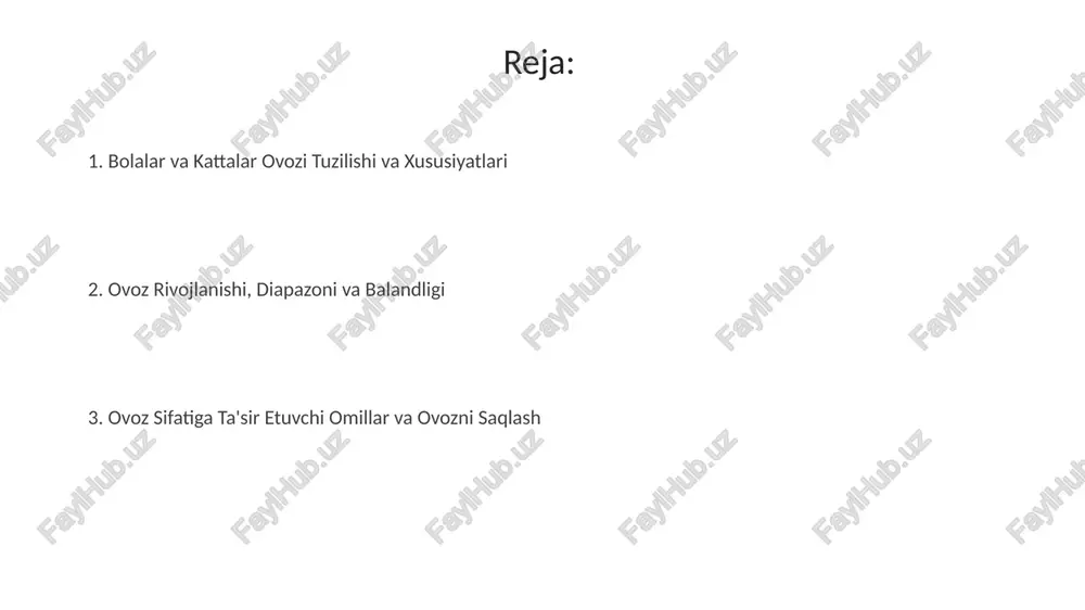 lishlarining xususiyatlari ovoz tugunlari, ko'pincha qichqiriq yoki haddan tashqari zo'riqish natijasida yuzaga keladi, ovoz xiralashishiga olib kelishi mumkin va ko'pincha ovoz terapiyasi yoki 12 oydan ortiq operatsiya talab qilishi mumkin. laringit, virusli yoki bakterial infektsiya tufayli kelib chiqishi mumkin, ovoz xiralashishi va og'ir hollarda 7-10 kun ichida ovozning yo'qolishiga olib kelishi mumkin. ovozni saqlash va parvarishlash usullari ovoz gigienasiga rioya qiling: kuniga kamida 8 stakan suv ichish, tamaki chekishdan saqlanish va spirtli ichimliklarni iste'mol qilishni cheklash ovoz boylamlarini namlantiradi. professional ovoz foydalanuvchilari (qo'shiqchilar, o'qituvchilar) uchun muntazam ravishda ovoz mashqlari va nafas olish texnikasini o'rganish ovoz diapazonini kengaytiradi. ovozni o'rganish metodlari akustik tahlil ovozni yozib oladi va uning chastotasi, intensivligi va spektral xususiyatlarini o'lchaydi, bu esa ovoz sifati va 3 db o'zgarishlarni aniqlashga imkon beradi. stroboskopiya ovoz burmalarining tebranishini sekinlashtirilgan videoda ko'rish imkonini beradi, bu esa shifokorlarga kichik anormalliklarni 1/1000 soniyagacha aniqlashga yordam beradi. e'tiboringiz uchun rahmat image3.jpg image4.jpg image5.jpg image6.jpg …