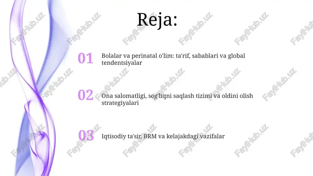 n chaqaloqlarni reanimatsiya qilish boʻyicha treninglar tugʻilgandan keyingi erta daqiqalarda yuzaga keladigan asfiksiya tufayli oʻlimni kamaytirishga yordam beradi, bu esa 1-daqiqalik apgar ballini yaxshilaydi. vitamin a bilan qoʻshimcha ovqatlantirish 6 oydan 5 yoshgacha boʻlgan bolalarda oʻlim darajasini 23% gacha kamaytiradi, ayniqsa kam daromadli mamlakatlarda keng tarqalganligi sababli muhim ahamiyatga ega. milliy dasturlar va barqaror rivojlanish maqsadlari milliy dasturlar 5 yoshgacha bo'lgan bolalar o'limini kamaytirish uchun emlash kampaniyalarini kuchaytiradi, bmtning 3.2-maqsadiga erishishga yordam beradi: 1000 tirik tug'ilgan chaqaloqqa 25 tadan kam o'lim. ona va bola salomatligini yaxshilashga qaratilgan milliy siyosatlar bmtning 3.1-maqsadini qo'llab-quvvatlaydi: ona o'limi koeffitsientini 100 000 tirik tug'ilgan chaqaloqqa 70 dan kamga tushirish. kelajakdagi vazifalar va innovatsiyalar yangi tug'ilgan chaqaloqlarni intensiv terapiya qilish bo'yicha texnologiyalarni takomillashtirish, masalan, sun'iy intellektga asoslangan monitoring tizimlari chaqaloqlar o'limini 15-20% ga kamaytirishi mumkin. genomni tahrirlash texnologiyalari orqali nasliy kasalliklarni aniqlash va tuzatish imkoniyatlarini o'rganish, bu esa perinatal o'limning genetik sabablarini 10% ga bartaraf etishga …