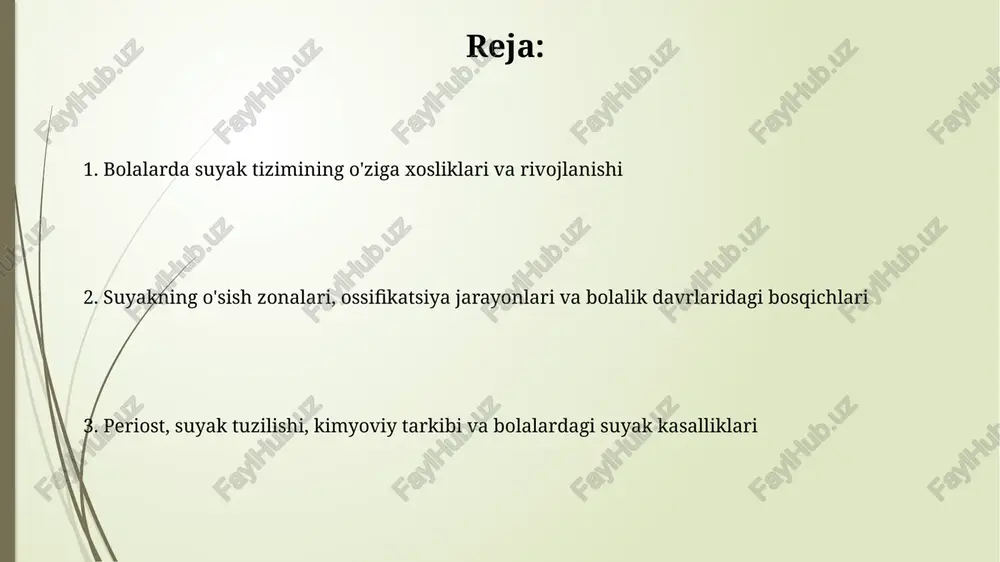 aro moddani hosil qiladi. ossifikatsiya jarayonlari suyaklanish jarayoni 8 haftalik homila rivojlanishida boshlanadi, bunda xondrositlar xaftaga joylashib, asta-sekin suyak to'qimasiga aylanadi, bu endokondral suyaklanish deb ataladi. intramembranoz suyaklanish, ba'zi tekis suyaklar, masalan, bosh suyagi suyaklari uchun xosdir, bunda mezanxima hujayralari bevosita suyak to'qimasiga aylanadi, xafta modelisiz. suyak o'sish zonalari va bosqichlari o'sish zonalariga epifiz plastinkalari kiradi, bu yerda xondrositlar proliferatsiyasi suyak uzunligini ta'minlaydi; bu jarayon pubertat davrida gormonal ta'sir ostida to'xtaydi, suyak o'sishi yakunlanadi. bolalikda suyak o'sishi bosqichlari embrional, fetal va postnatal davrlarni o'z ichiga oladi; har bir bosqichda ossifikatsiya jarayonlari har xil tezlikda kechadi, suyak shakllanishiga ta'sir etadi. bolalik davridagi suyak kasalliklari raxit erta bolalikda d vitaminining yetishmasligi tufayli yuzaga keladi, bu esa suyaklarning mineralizatsiyasiga ta'sir etib, suyaklarning egiluvchanligiga va deformatsiyasiga olib keladi. ko'pincha 6 oylikdan 3 yoshgacha bo'lgan bolalarda uchraydi. osteogenesis imperfecta – bu genetik kasallik bo'lib, kollagen sintezining buzilishi natijasida suyaklarning mo'rtlashuviga olib keladi. ba'zan 200 dan …