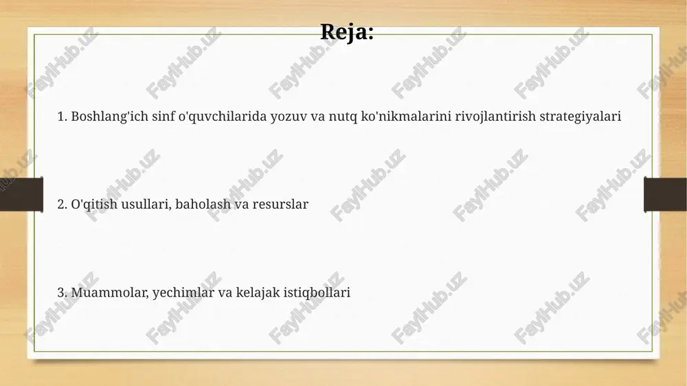 lashtiradi, bu esa improvisatsiya va til boyligini rivojlantiradi. samarali o'qitish usullari va yondashuvlar interaktiv usullar, masalan, 'think-pair-share' texnikasi, o'quvchilarni faol ishtirok etishga undaydi, ularning fikrlash va ifodalash qobiliyatlarini 75 foizga oshiradi. loyiha asosidagi o'qitish (pbl) yondashuvi o'quvchilarga 3-4 haftalik davrda amaliy vazifalarni bajarishga imkon beradi, bu ularning ijodiy va tanqidiy fikrlash qobiliyatini rivojlantiradi. differensial o'qitish har bir o'quvchining individual ehtiyojlarini hisobga oladi, 2-3 xil topshiriqlar taklif qiladi, ularning qobiliyatlariga mos bo'lgan murakkablik darajasini ta'minlaydi. baholashning innovatsion usullari “nutq portfeli” baholash usuli o'quvchilarning turli mavzularda og'zaki taqdimotlarining video yozuvlarini o'z ichiga oladi, bu ularning nutq mahoratini va ishonch darajasini kuzatishga yordam beradi. “6 so'zli hikoya” baholash usuli orqali o'quvchilarning asosiy tushunchalarni qisqa va ixcham ifodalash qobiliyati baholanadi, bu yozma kompetensiyani tezkor o'lchash imkonini beradi. “o'zaro baholash” usuli o'quvchilarga bir-birining yozma ishlarini "rubrika" asosida baholashni topshiradi, bu tanqidiy fikrlashni va baholash mezonlarini tushunishni rivojlantiradi. resurslar va o'quv materiallari rasm asosidagi lug'atlar, tematik …