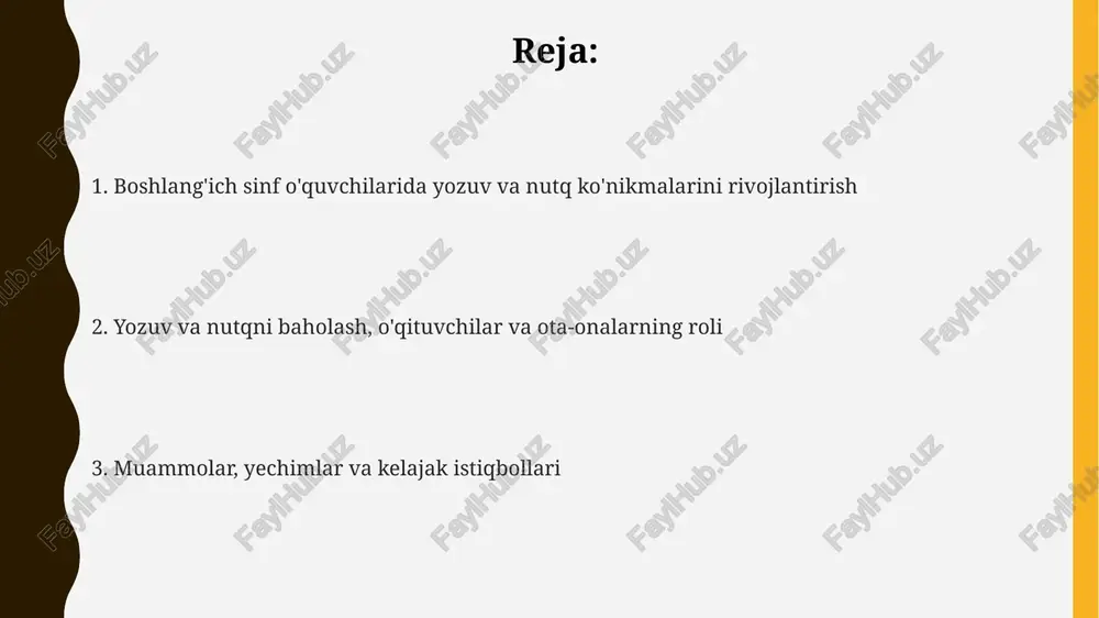 . yozish va gapirishni baholash usullari rubrikalar yozma va og'zaki vazifalarni baholash uchun aniq mezonlarni belgilaydi, masalan, tarkibiy qismlar, til, tashkil etish, shuningdek, 1 dan 4 gacha bo'lgan ballar orqali o'quvchilarning ishlashini aniqlaydi. og'zaki taqdimotlar uchun baholash shkalalari talaffuz, ishonchlilik, tarkibiy aniqlik va vizual vositalardan foydalanish mezonlarini o'z ichiga oladi, bu erda har bir jihat 5 ballik shkala bo'yicha baholanadi. portfel baholash o'quvchilarning yozma va og'zaki ko'nikmalarini vaqt o'tishi bilan ko'rsatadi, bu esa ularning rivojlanishini tahlil qilish va o'sish sohalarini aniqlash imkonini beradi. o'qituvchilarning roli va tayyorgarligi o'qituvchilar interfaol usullarni, masalan, 3-4 kishilik guruhlarda loyihalarni, nutq o'yinlarini qo'llash orqali o'quvchilarni faollashtirish uchun tayyor bo'lishlari lozim. o'qituvchilar boshlang'ich sinflarda yozuv va nutqni rivojlantirish bo'yicha 10 soatlik malaka oshirish kurslaridan o'tishi, pedagogik mahoratini oshirishi kerak. o'qituvchilar har bir o'quvchining yozuv va nutq ko'nikmalarini 5 ballik shkala bo'yicha baholash va ularning o'sishi uchun individual yondashuvni ta'minlashi zarur. ota-onalarning roli va ishtiroki ota-onalar maktab …