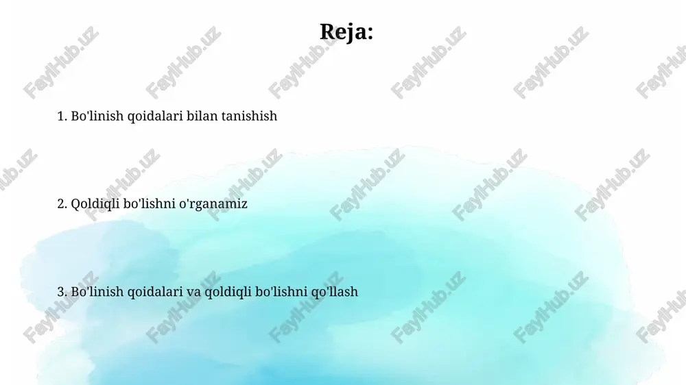 mula bilan ifodalanadi: bo'linuvchi = (bo'luvchi * bo'linma) + qoldiq. bunda qoldiq har doim bo'luvchidan kichik bo'lishi kerak, aks holda bo'lishni davom ettirish mumkin. misol: 25 = (6 * 4) + 1. qoldiqni aniqlash qoldiqni aniqlash uchun, bo'linuvchini bo'luvchiga bo'lganda hosil bo'lgan kasr qismini bo'luvchiga ko'paytirish kerak, natija qoldiq bo'ladi. masalan, 23 ni 5 ga bo'lsak, qoldiq 3 ga teng, chunki 23 = (5 x 4) + 3. qoldiq har doim bo'luvchidan kichik bo'ladi. agar qoldiq bo'luvchiga teng yoki undan katta bo'lsa, demak bo'lishni davom ettirish kerak. misol uchun, 17 ni 3 ga bo'lganda qoldiq 2 bo'ladi (17 = (3 x 5) + 2). masalalar yechish va amaliy misollar masalalar yechishda qoldiqli bo'linishni tushunish muhim, masalan, 23 ta konfetni 4 ta bolaga teng bo'lishda har bir bola 5 tadan oladi va 3 ta konfet qoldiq qoladi. amaliy misollarda, masalan, 78 ta gulni 6 tadan guldastaga joylashtirilsa, 13 ta guldasta hosil …