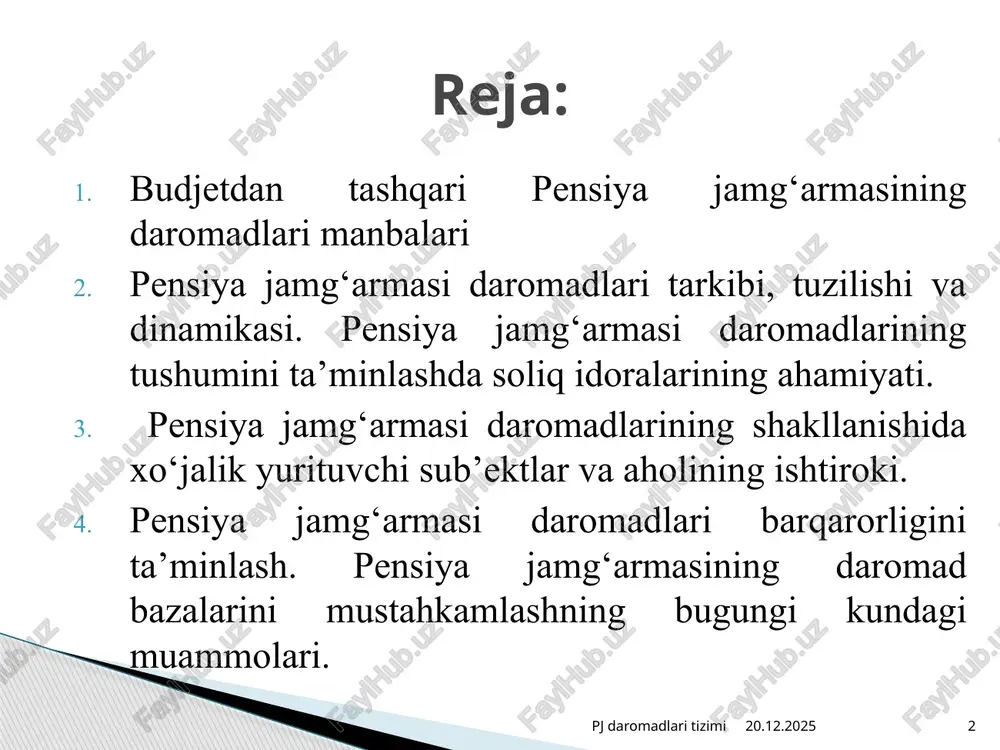 ,0 25,0 15,0 budjetdan tashqari pensiya jamg‘armasi 24,2 23,5 23,5 23,6 24,8 14,8 ish bilan ta’minlashga ko‘maklashuvchi jamg‘arma 0,5 0,3 0,3 0,2 0,1 0,1 kasaba uyushmalari federatsiyasi kengashi 0,3 0,2 0,2 0,2 0,1 0,1 19/11/2025 pj daromadlari tizimi 6 budjetdan tashqari pensiya jamg‘armasi daromadlari tarkibi va tuzilishi ko‘rsatkichlar 2012 yil 2013 yil 2014 yil 2015 yil summa ulushi summa ulushi summa ulushi summ ulush daromadlar 8065,4 100,0 10302,1 100,0 13013,7 100,0 16557,0 100,0 yil boshiga qoldiq 280,1 3,5 602,2 8,8 1067,3 8,2 2592,0 15,7 ish haqi fondidan yagona ijtimoiy to‘lovdan tushumlar 4799,2 59,5 5907,4 51,7 7299,5 56,1 8324,2 50,3 fuqarolarning majburiy badallari 1110,2 13,8 1482,7 14,4 1877,2 14,4 2463,8 14,9 mahsulot sotish hajmidan majburiy ajratmalar 1401,5 17,4 1591,3 15,4 1933,0 14,9 2063,8 12,5 boshqa daromadlar 474,4 5,8 718,5 9,7 836,7 6,4 1113,1 6,7 budjetdan tashqari pensiya jamg‘armasining bir qator to‘lovlari pensiya jamg‘armasiga boshqa manbalardan qoplab beriladi. bu ish vazirlar mahkamasining …
