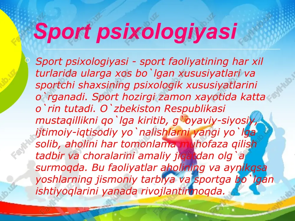 `z jismoniy kuchi, ichki kechinmalari, yaxlit psixik jarayonlarni maksimal darajada bir nuqtaga jamlashni talab qiladi. sport psixologiyasi umumiy strukturasi quyidagi ko`rinishga ega: sport faoliyati psixologiyasi sportchi psixologiyasi sport faoliyatining umumiy psixologik xarakteristikasi ayrim sport turlarining psixologik xarakteristikasi sportchining maxsus sifatlari sportchi shaxsining umumiy xislatlari ta’lim va shug’ullantirishning psixologik asoslari sportchi irodasini tarbiyalashning psixologik asoslari sportchi mahoratining psixologik asoslari sport faoliyatining psixologik xususiyatlari sport faoliyatini psixologik tahlil qilish masalalari ichida psixologlar diqqatini ko`proq sport faoliyatining motivlari masalasi jalb etadi. bir qator tadqiqotlarda bevosita motivlar mavjudligi va ularning ahamiyatli ekanligi aniqlangan. masalan, jismoniy mashqlarda mushaklar harakatlaridan rohatlanish, estetik zavqlanish, musobaqalarga qatnashish ishtiyoqi va h.k. shuningdek, sport faoliyatining o`z motivlari ham aniqlangan. bo`lar sog`lom, baquvvat bo`lish, o`zini himoya qila olish istagi, o`zini mehnatga, jangovor harakatlarga tayyorlash, kelishgan, chiroyli qaddi-qomatga erishish va h.k. sport faoliyatiga oid motivlar muskul aktivligining namoyon bo`lishidan sportchining qoniqish his etishi. o`z harakatlarining epchilligi va go`zalligidan zavq olishi. murakkab va …