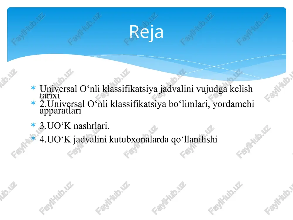afiya instituti (xbi) ning faoliyatiga bog‘langan. institut «universal bibliografik repertual», ya’ni barcha mamlakatlarda, barcha tillarda nashr etilgan fanning barcha sohalaridagi adabiyotlarninig bibliografik ko‘rsatkichini tuzishnio‘z oldiga maqsad qilib qo‘ygan edi. bunday ishni amalga oshirish xalqaro miqiyosda foydalanishga yaroqli bo‘lgan fanning barcha sohalarini qamrab oladigan mufassal klassifikatsion sistemani yaratishni talab etdi. xalqaro bibliografiya instituti (xbi) 1927 yildan boshlab xbi shuningdek, turli mamlakatlarda turli tillarda nashr etiladigan bu mustaqil ahamiyatga ega bo‘lgan, qayta ishlangan klassifikatsiya nashrlari (uo‘k) «universal o‘nlik klassifmkatsiya» nomini oldi. universal o‘nlik klassifikatsiyada o‘nlik klassifikatsiyaning asosiy qatori saqlab qolingan, biroq birinchi va ikkinchi bosqich indekslarining ko‘rinishi o‘zgartirilgan uch va ikki belgili indekslardan nollarni chiqarib tashlangan. universal o‘nlik klassifikatsiya indekslarini insoniyat bilimlari majmuini bir deb faraz qilib, o‘nli kasr tarzida tushunish kerak. indekslarni yaxshiroq idrok etish maqsadida har bir uch raqam keyingilaridan nuqta bilan ajratiladi. ilk 1905 yil bryuselda fransuz tilida nashr etilgan. 1927-1933 yillarda 2-qayta nashri fransuz tilida. 3-xalqaro nashri nemis …