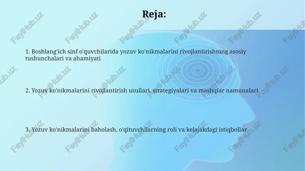 orlashlari zarur. yozuv ko'nikmalarini rivojlantirish usullari va strategiyalari o'quvchilarni rag'batlantirish uchun 'rasmga qarab hikoya yozish' usulidan foydalanish, ularning tasavvurini rivojlantirishga yordam beradi va kamida 5 ta gapdan iborat matn tuzishni talab etadi. muntazam ravishda 10 daqiqalik erkin yozuv mashqlarini o'tkazish orqali o'quvchilarning fikrlash tezligini oshirish va grammatik xatolarga e'tiborni kamaytirish maqsadga muvofiqdir. 'sinflu xat' loyihasi orqali o'quvchilarga haqiqiy maqsadli auditoriyaga yozish imkoniyatini berish, bu ularning motivatsiyasini oshiradi va yozuv sifatini 2 barobar yaxshilaydi. mashqlar va topshiriqlar namunalari hikoya tuzish topshiriqlari boshlang'ich sinf o'quvchilarining ijodiy fikrlashini rivojlantiradi, ularga 4 ta asosiy elementdan (qahramon, muammo, yechim, axloqiy saboq) iborat hikoya yaratishni buyuradi. tasviriy yozuv mashqlari o'quvchilarga 5 ta sezgi organlari (ko'rish, eshitish, hid, ta'm, teginish) orqali narsalarni tasvirlashni o'rgatadi, 3 ta sifatdan foydalanish talab etiladi. xat yozish mashqlari o'quvchilarga 2 xil turdagi xatlarni (do'stga, oila a'zosiga) yozishni o'rgatadi, bunda 5 ta asosiy qism (salomlashish, kirish, asosiy qism, xulosa, imzo) bo'lishi kerak. baholash …