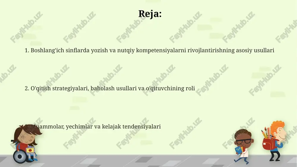 bo'lishadilar. rollarni o'ynash texnikasi, masalan, savdo-sotiqni o'ynash, o'quvchilarning nutqiy qobiliyatini 30% ga oshiradi, chunki ular o'z fikrlarini erkin ifoda etadilar. o'qitish metodlari va materiallari interaktiv o'qitish usullari, masalan, "fikrlar hujumi" va "rolli o'yinlar" nutqiy qobiliyatni rivojlantirishga yordam beradi, 3-sinf o'quvchilari uchun esa 20 dan ortiq so'z ishtirok etishi kerak. yozish uchun turli xil materiallardan foydalanish: rasmlar, 10 ta so'zdan iborat savollar va hikoyalar yaratish uchun kartochkalar. bu 4-sinf o'quvchilarining kreativligini oshiradi. guruhli loyihalar va taqdimotlar 5-sinf o'quvchilarining hamkorlikda ishlash va nutqiy qobiliyatlarini rivojlantirishga yordam beradi, har bir chiqish kamida 3 daqiqa davom etishi kerak. baholash usullari portfel baholash talabalarning yozish va nutqiy ko'nikmalarining o'sishini va yaxshilanishini vaqt davomida 3-4ta namunada kuzatish imkonini beradi. rubriklar baholash uchun samarali vosita bo'lib, talabalarning yozma ishlarini 4-5 mezon bo'yicha aniq baholash imkonini beradi. har bir mezon uchun aniq tavsiflar beriladi. og'zaki taqdimotlar va munozaralar talabalarning nutqiy qobiliyatini baholash uchun 2-3ta asosiy jihatlarni (masalan, aniqlik, …