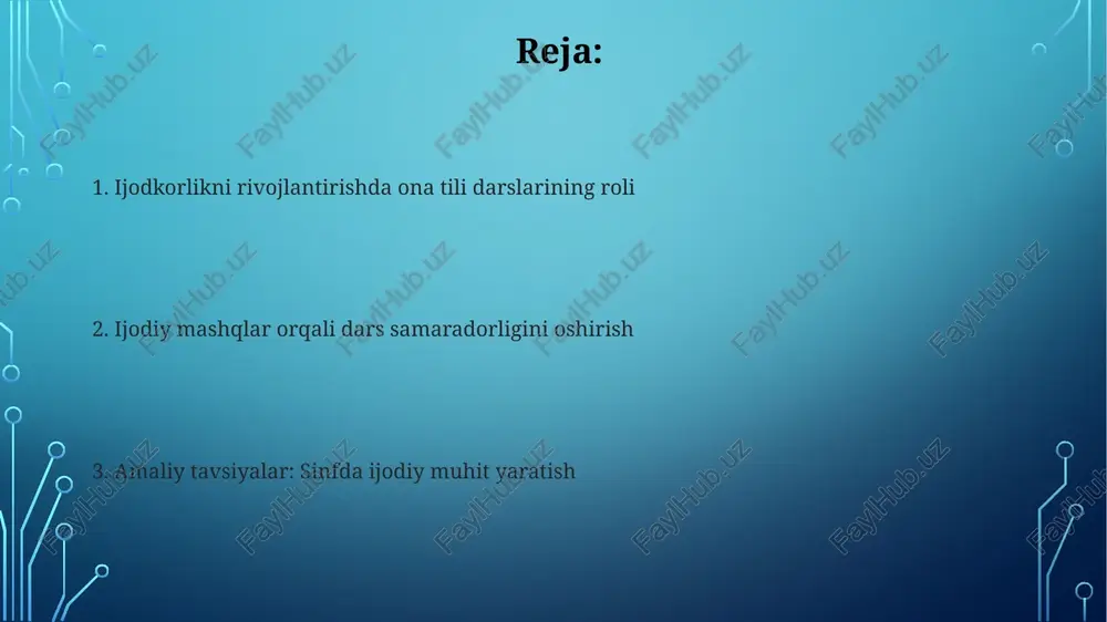 e'tirofi). har bir o'quvchiga individual yondashuv zarur. dars muhiti va resurslar: amaliy tavsiyalar ijodiy muhit yaratish uchun rangli qalamlar, turli qog'ozlar va 3d modellar kabi 10 xildan ortiq resurslar taqdim eting. bu tasavvurni rag'batlantiradi. sinf xonasini 7 ta tematik burchakka bo'ling, har biri ona tilining turli jihatlariga bag'ishlangan bo'lib, bu o'rganish jarayonini qiziqarli qiladi. afzalliklari, kamchiliklari va baholash mezonlari afzalligi: ijodiy mashqlar 5-sinf o'quvchilarining so'z boyligini 20% ga oshirishi, nutq madaniyatini rivojlantirishi va grammatikani amaliy qo'llashga yordam berishi mumkin. kamchiligi: baholash mezonlari noaniqligi, subyektivlikka olib kelishi, 10% dan ortiq o'quvchilarning motivatsiyasini pasaytirishi va adolatli baholashni qiyinlashtirishi mumkin. e'tiboringiz uchun rahmat image3.png image4.jpg image5.jpg image6.jpg image7.jpg image2.png
