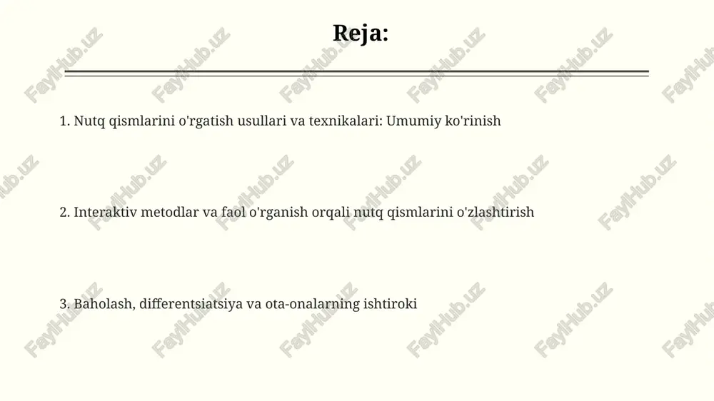 lar navbatma-navbat nutq qismlariga oid soʻzlarni aytishadi. bu oʻyin ularning soʻz boyligini va nutq qismlari haqidagi bilimlarini oshiradi. qo'shiqlar va she'rlar: nutq qismlarini yodlashning qiziqarli usuli qo'shiqlar 5-sinf o'quvchilariga ot, sifat va fe'l kabi 3 asosiy nutq qismini eslab qolish uchun takrorlash va ritmik yodlashni ta'minlaydi. she'rlar grammatik tuzilmalarni qiziqarli usulda taqdim etadi, masalan, misralardagi 2 ta ot va 1 ta fe'lning joylashuvi nutq qismlarini ajratib ko'rsatadi. maktabgacha yoshdagi bolalar uchun qo'shiq matnlaridagi oddiy 4 nutq qismi haqidagi qo'shiqlar qiziqarli bo'lishi mumkin va ularning qamrovini kengaytirish uchun ishlatiladi. vizual vositalar: ko'rgazmali materiallardan foydalanish nutq qismlarining diagrammalari 5 ta asosiy qismni (ot, sifat, fe’l, ravish, olmosh) namoyish etadi. grafik orqali bog'liqlikni ko'rsatish tushunishni osonlashtiradi va o'zlashtirishni tezlashtiradi. rangli kartochkalardan foydalanish ot, sifat, fe’l kabi 3 asosiy nutq qismini ajratishga yordam beradi. har bir tur uchun oʻziga xos rangdan foydalanish vizual xotirani rivojlantiradi. rasm kartochkalari 10 ta fe’lni yoki 7 ta otni …