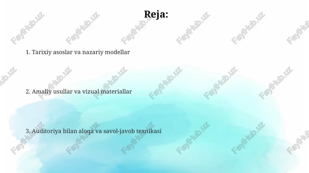 va sifatli grafikalar bilan birga qo'llanilsa. multimedia texnologiyalari, masalan, interaktiv doskalar va 3d modellar, auditoriyaning jalb qilinishini 35% ga oshiradi, lekin ulardan foydalanishda haddan tashqari ko'plikdan saqlanish lozim. taqdimot dasturlari, masalan, powerpoint yoki prezi, ma'lumotlarni strukturallashtirishga va vizual elementlarni 20% ga yaxshilashga yordam beradi, ammo ularning funksiyalarini to'liq o'zlashtirish kerak. savol-javob texnikasi va muammolarni hal qilish savol-javobda tinglovchilarni savol berishga undash uchun 'qo'ng'iroq' usulidan foydalaning: nomzodlarni tanlang. muammolarni hal qilishda 'pareto printsipi'ni (80/20 qoidasi) yodda tuting. savol-javob seanslarida 'uch soniyali qoida'dan foydalaning: savolga javob berishdan oldin uch soniya pauza qiling, bu fikrlash va aniqlikni ta'minlaydi. muammolarni hal qilishda esa, '5 whys' texnikasini qo'llang. qiyin savollarga javob berishda 'sandwich' texnikasidan foydalaning: maqtov, tashvish, maqtov. muammolarni hal qilishda 'swot tahlili' (kuchli, zaif, imkoniyat, tahdid) kabi tizimli usullarni qo'llang. e'tiboringiz uchun rahmat image1.png