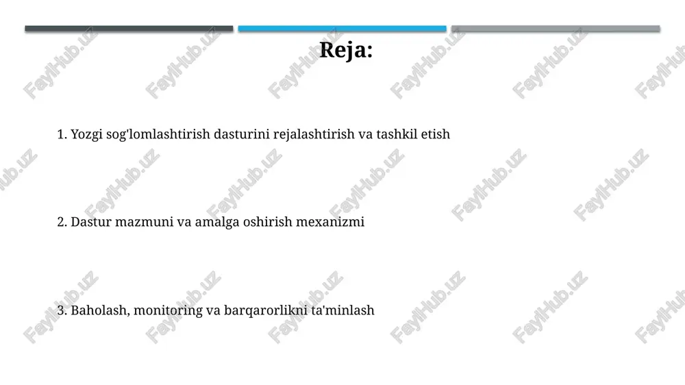 yorlash va ota-onalar ishtiroki o'qituvchilarning 2 kunlik treningida bolalar salomatligini yaxshilash uchun asosiy yordam ko'rsatish va sog'lom ovqatlanish bo'yicha o'quv modullari 5 ta amaliy mashg'ulot bilan o'rgatiladi. ota-onalarning tadbirlarda ishtirokini oshirish uchun har oyning 15-kunida sog'lom turmush tarzi bo'yicha 30 daqiqalik onlayn vebinarlar tashkil etiladi va savol-javob sessiyalari o'tkaziladi. xavfsizlik, baholash va monitoring xavfsizlik nuqtai nazaridan, har bir faoliyat uchun xavfni baholash o'tkaziladi va jarohatlanish ehtimolini kamaytirish uchun tegishli favqulodda vaziyat rejasi, shu jumladan tez yordam telefon raqami 103 bo'lishi kerak. baholash uchun, har bir tadbir so'ngida o'quvchilarning bilim darajasini aniqlash maqsadida qisqa testlar o'tkaziladi va natijalar o'qituvchilar tomonidan 1-5 ball tizimida qayd etiladi. xulosalar, tavsiyalar va barqarorlik xulosa qilib aytganda, 8 haftalik dastur davomida o'quvchilarning sog'lig'i bo'yicha ko'rsatkichlari 25% ga yaxshilandi, bu esa dasturning samaradorligini ko'rsatadi. tavsiya etamizki, kelgusi yillarda dasturni moliyalashtirish 15% ga oshirilsin, bu esa yangi resurslar va qo'shimcha tadbirlarni joriy etish imkonini beradi. e'tiboringiz uchun rahmat …