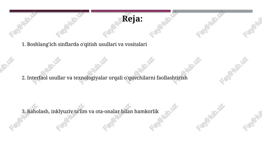 texnologiyalardan foydalanish va sinfni boshqarish sinfni boshqarishda texnologiyalardan foydalanish, masalan, 1-3-sinflarda interaktiv doskalarda 5 daqiqalik o'yinlar o'tkazish orqali, diqqatni jamlash va tartibni saqlashga yordam beradi. texnologiyalar, xususan planshetlar, o'quvchilarga 4 xil mustaqil o'quv topshiriqlarini bajarishga imkon beradi, bu esa o'qituvchiga 2-3 o'quvchi bilan individual ishlashga vaqt ajratadi. ota-onalar bilan hamkorlik va muvaffaqiyatli o'qituvchilar tajribasi muvaffaqiyatli o'qituvchilar ota-onalar bilan har oyda kamida 2 ta uchrashuv o'tkazadi, unda bolaning o'zlashtirishi va xatti-harakatlari bo'yicha batafsil ma'lumot beriladi. tadqiqotlar shuni ko'rsatadiki, ota-onalar bilan faol hamkorlik qiluvchi o'qituvchilarning 85% o'quvchilari yuqori natijalarga erishadi va sinfda tartib yaxshi bo'ladi. metodik tavsiyalar, resurslar va materiallar o'qituvchilarga 1-4 sinflar uchun matematikani o'qitishda 100 dan ortiq didaktik o'yinlar va mashqlarni o'z ichiga olgan metodik qo'llanmalardan foydalanish tavsiya etiladi. boshlang'ich sinf o'qituvchilari uchun 50 dan ortiq interfaol doska resurslari va onlayn platformalar ro'yxati mavjud, bu darslarni qiziqarli qiladi. e'tiboringiz uchun rahmat image1.jpg image2.png image3.jpg image4.jpg image5.jpg image6.jpg image7.jpg