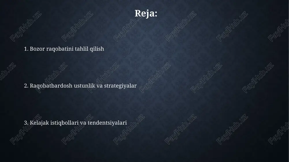 rishga qaratilgan bo'lib, unda mahsulotlar o'xshash mahsulotlarga nisbatan 5-10% arzonroq narxda taklif etiladi. marketing kampaniyalari 20-35 yoshdagi iste'molchilarni jalb qilish uchun ijtimoiy media platformalarida 360 gradusli raqamli marketing strategiyasini qo'llaydi. kelajak istiqbollari va tendentsiyalar sun'iy intellekt (ai) va avtomatlashtirishning kengayishi operatsiyalarni soddalashtiradi, xarajatlarni kamaytiradi va 2025-yilga borib ish unumdorligini 30% ga oshiradi, ammo ish o'rinlariga ta'siri sezilarli bo'lishi mumkin. barqarorlik va esg (environmental, social, and governance) mezonlari ahamiyati ortib boradi, bu esa kompaniyalarni 2030-yilga borib chiqindilarni kamaytirish va qayta tiklanadigan energiyadan foydalanishga majbur qiladi, aks holda ular iste'molchilar bosimiga duch keladi. e'tiboringiz uchun rahmat image2.png image3.jpg image4.jpg image5.png image6.jpg image7.jpg image8.jpg