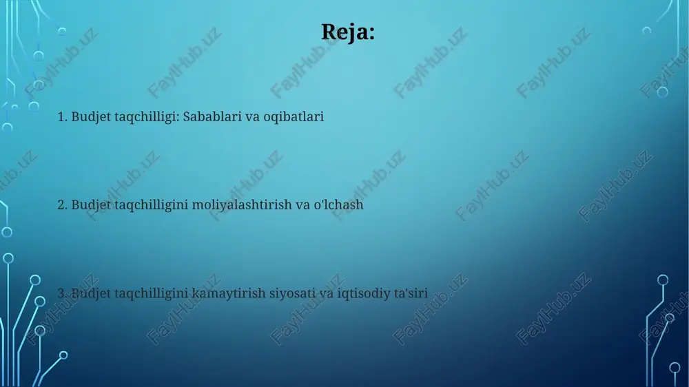 shi mumkin, bu esa investorlardan pul olib, kelajakda foizlar bilan qaytarishni va'da qiladi; bu usul defitsitni vaqtincha qoplaydi. markaziy bank defitsitni qoplash uchun pul bosib chiqarishi mumkin, ammo bu inflyatsiyani keltirib chiqarishi mumkin; bu usul faqat juda cheklangan miqdorda qo'llanilishi lozim. budjet taqchilligini kamaytirish siyosati soliq islohotlari, masalan, qo'shilgan qiymat solig'ini (qqs) oshirish yoki soliq bazasini kengaytirish, davlat daromadlarini sezilarli darajada oshirib, taqchillikni kamaytirishga yordam beradi. davlat xarajatlarini qisqartirish siyosati, masalan, mudofaa xarajatlariga 10% qisqartirish yoki byurokratik xarajatlarni kamaytirish, byudjet balansini yaxshilashga yordam beradi. davlat qarzi va budjet taqchilligi o'rtasidagi bog'liqlik davlat qarzi ko'pincha budjet taqchilligini qoplash uchun chiqariladi, bunda hukumat xarajatlari daromadlardan oshib ketadi. natijada, davlat qarzining hajmi taqchillik miqdoriga qarab o'sadi. budjet taqchilligi davlat qarzining asosiy sababchisi bo'lishi mumkin, chunki hukumat defitsitni moliyalashtirish uchun qarz olishi kerak. ushbu qarz foiz to'lovlari bilan birga keladi. budjet taqchilligining iqtisodiy ta'siri budjet taqchilligi foiz stavkalarini oshirishi mumkin, chunki hukumat qoʻshimcha mablagʻ …