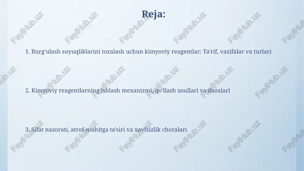 n suyuqlik bilan aralashtiriladi, odatda 0.1% dan 2% gacha og'irlik bo'yicha (w/w) konsentratsiyalarda kerakli xususiyatlarga erishilgunga qadar. dozalash aniq sharoitlarga bog'liq, lekin ko'pincha maydon sinovlari orqali aniqlanadi; haddan tashqari dozalashga yo'l qo'ymaslik kerak, chunki bu salbiy ta'sirga olib kelishi mumkin, standart maksimal dozasi 5% (w/w). sifat nazorati, sinov usullari va texnik xususiyatlar reagentning sifatini baholash uchun api standartlari bo'yicha qovushqoqlik, zichlik va ph kabi fizik-kimyoviy xususiyatlarni aniqlash uchun sinov usullari qo'llaniladi. kimyoviy reagentlarning texnik xususiyatlari, masalan, faol moddaning miqdori 95% dan yuqori bo'lishi, qoldiq moddalarning miqdori esa 0,5% dan kam bo'lishi kerak. atrof-muhitga ta'siri, xavfsizlik choralari va muqobil reagentlar ko'pgina sintetik reagentlar toksiklik darajasi yuqori bo'lganligi sababli, atrof-muhitga ta'sirini kamaytirish uchun biodegradatsiyalashuvchi polimerlar va o'simlik yog'lari kabi muqobil reagentlar ko'rib chiqilmoqda. xavfsizlik choralari reagentlar bilan ishlashda shaxsiy himoya vositalaridan (ppe) foydalanishni, material xavfsizlik ma'lumotlari varaqalariga (msds) rioya qilishni va to'kilganlarni to'g'ri tozalashni o'z ichiga oladi. bozor tendentsiyalari, istiqbollari va amaliy …