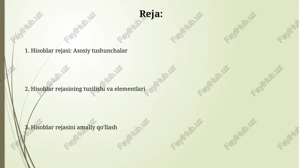 mortizatsiya hisobi (0200) orqali esa 30 million so'm amortizatsiya ajratmalari ko'rsatilishi mumkin. mol yetkazuvchilar bilan hisob-kitoblar (6010) hisobida 80 million so'mlik qarzdorlik mavjudligi, tovar-moddiy zaxiralar (1010) hisobida esa 120 million so'mlik xomashyo qoldig'i borligi aks etadi. hisoblar rejasini boshqarish va yangilash hisoblar rejasini boshqarish 100-sonli buxgalteriya standartlariga muvofiq amalga oshiriladi, bu esa moliyaviy hisobotlarning to'g'ri va ishonchli bo'lishini ta'minlaydi. yangi hisoblar qo'shishda operatsiyalarning mohiyatini aks ettiruvchi analitik hisoblar yaratish, buxgalteriya hisobini 200 dan ortiq element bilan boyitishi mumkin. hisoblar rejasining ahamiyati va foydalari hisoblar rejasi moliyaviy hisobotlarni (balans, daromad hisoboti) tayyorlashda standartlashtirilgan asos bo'lib, ma'lumotlarni yig'ish va qayta ishlash tartibini osonlashtiradi. u korxonaning moliyaviy holatini 300 dan ortiq hisoblar yordamida aniq aks ettirishga imkon beradi, shu jumladan aktivlar, majburiyatlar, kapital, daromadlar va xarajatlar hisoblarini taqdim etadi. e'tiboringiz uchun rahmat image1.jpg image2.jpg image3.jpg image4.jpg image5.jpg image6.jpg image7.jpg