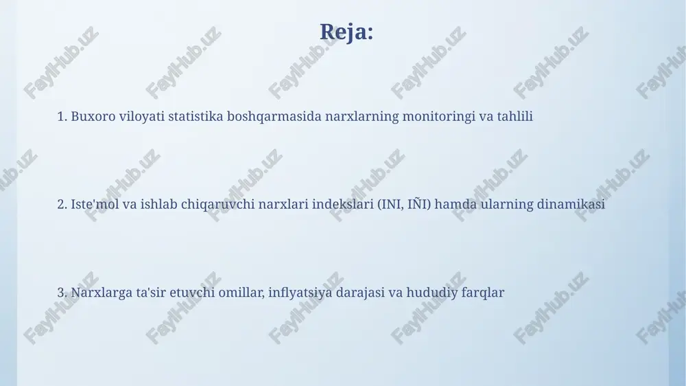 , xususan, 1-chorakda talabning pasayishi va 3-chorakda aktivlashuvi bilan bog‘liq. xizmatlar narxlari monitoringi va tahlili xizmatlar narxlarining monitoringi 100 dan ortiq xizmat turini qamrab oladi, ularning narxlari har oyda qayd etiladi va o'zgarish dinamikasi tahlil qilinadi. tahlil davomida aloqa xizmatlari, transport xizmatlari va kommunal xizmatlar kabi muhim sohalardagi narxlar o'zgarishi 0,5% dan 2% gacha bo'lishi mumkinligi aniqlangan. narxlarning dinamikasi va tendensiyalari narxlar dinamikasi davriy tebranishlarni ko'rsatadi, masalan, meva-sabzavotlar uchun mavsumiylik, bahorda narxlar pasayadi va qishda 2-3 barobarga ko'tarilishi mumkin. iste'mol tovarlari narxlari o'tgan yili o'rtacha 12% ga oshdi, ammo benzin narxi 15% ga, oziq-ovqat narxlari esa 10% ga oshdi, bu sezilarli farqni ko'rsatadi. narxlar bo'yicha hududiy farqlar buxoro viloyatining turli tumanlarida oziq-ovqat mahsulotlarining narxlari 5-15 foizgacha farq qilishi mumkin, bu transport xarajatlari va bozor infratuzilmasining holatiga bog'liq. yoqilg'i narxlari buxoro shahri va olis tumanlar o'rtasida 10 foizgacha farq qiladi, buning sababi logistika va ulgurji yetkazib beruvchilarning mavjudligidir. narxlarga ta'sir etuvchi …