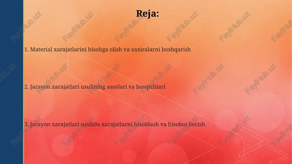 lifo usuli oxirgi sotib olingan materiallar birinchi ishlatilgan deb hisoblaydi, bu esa inflyatsiya davrida soliqqa tortiladigan foydani kamaytirishi mumkin. materiallarni nazorat qilish va zaxiralarni boshqarish materiallarni nazorat qilish 3 ta asosiy vazifani o'z ichiga oladi: buyurtma berish, qabul qilish va inventarizatsiya, inventarizatsiya darajasini minimum va maksimum oralig'ida ushlab turish kerak. iqtisodiy buyurtma miqdori (eoq) formulasidan foydalanish materiallarga buyurtma berishning optimal miqdorini hisoblashga yordam beradi va bu buyurtma berish va saqlash xarajatlarini kamaytiradi. abc tahlili inventarni tasniflash usuli bo'lib, inventarni qiymatiga ko'ra a (yuqori qiymat), b (o'rtacha qiymat) va c (past qiymat) toifalariga ajratadi, bu esa nazoratni yaxshilaydi. materiallar hisoboti materiallar hisobotida fifo, lifo yoki o'rtacha tortilgan qiymat usullaridan foydalanilgan holda, har bir material turining narxi va umumiy qiymati ko'rsatiladi. bu muhim ma'lumotdir. materiallar hisobotida 101-forma bo'yicha material qoldiqlari, kirim va chiqim operatsiyalari miqdoriy va pul ko'rinishida aks ettiriladi, buxgalteriya hisobining asosiy hujjatidir. hisobotda 2023-yil davomida yuzaga kelgan materiallar harakati (kirim, …