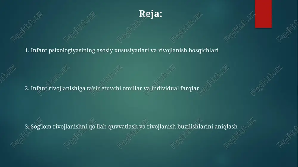 rivojlanishi tajribalar orqali namoyon bo'ladi; masalan, 6 oylik chaqaloqlar 24 soatdan keyin ham o'yinchoqni harakatga keltirish uchun o'rganilgan harakatni eslab qolishlari mumkin. emotsional rivojlanish va temperament emotsional rivojlanish 6 oydan 12 oygacha bo'lgan davrda yuz ifodalari, ovoz ohanglari va harakatlar orqali namoyon bo'ladi, bu empatiyaning shakllanishiga olib keladi. temperamentning 9 asosiy xususiyati (masalan, faollik darajasi, ritmiklik, yaqinlashuv/chekinish) bolaning reaktsiya uslubini belgilaydi va keyingi xulq-atvoriga ta'sir qiladi. emotsional tartibga solish, masalan, o'z-o'zini tinchlantirish, 18-24 oylikda paydo bo'ladi va bolaning stressni boshqarish qobiliyatini rivojlantirish uchun ota-onalarning qo'llab-quvvatlashi muhim. ijtimoiy rivojlanish va bog'lanish (attachment) ijtimoiy tabassum 2 oylikda paydo bo'ladi, bu esa chaqaloqning o'zaro ta'sirga tayyorligini va boshqalar bilan ijobiy aloqa o'rnatishga qodirligini ko'rsatadi. bog'lanish nazariyasi (attachment) 6-7 oylikdan boshlab paydo bo'ladi, bu vaqtda chaqaloq asosiy g'amxo'rlik qiluvchiga aniq afzallikni namoyon qiladi va ayrilish xavotirlarini ko'rsatadi. ota-onalar va chaqaloqlar o'rtasidagi sinxronlik, 3 oylikdan boshlab, ijtimoiy rivojlanishning muhim omili bo'lib, munosabatlarning sifatini va bog'lanish …