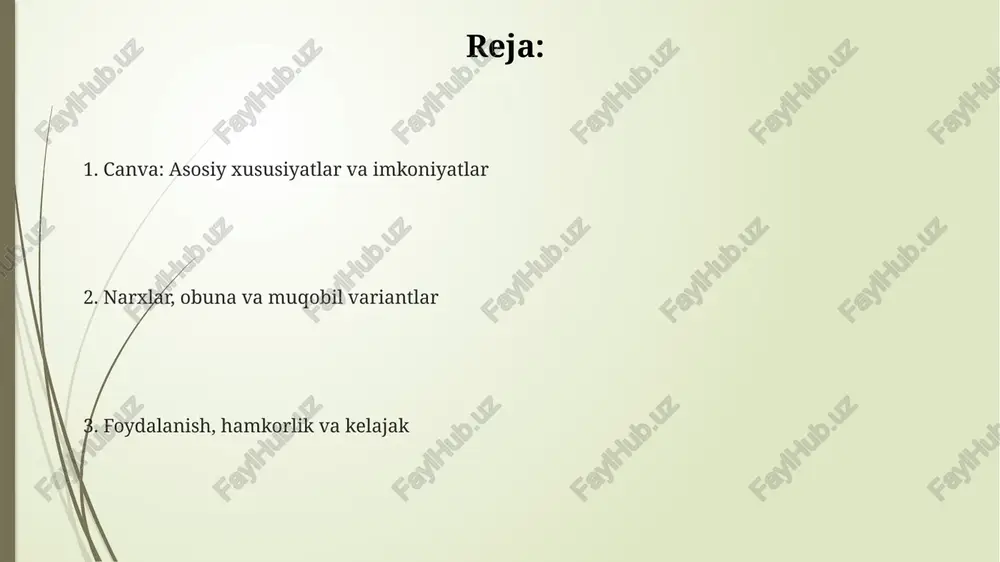b rasmlar, grafikalar va shriftlar mavjud. foydalanuvchilar ularni sozlash va brend uslubiga moslashtirish imkoniyatiga ega. foydalanish interfeysi va qulayligi canva interfeysi drag-and-drop funksiyasiga ega, bu esa elementlarni oson surish va joylashtirish imkonini beradi. 100 dan ortiq turli shriftlar, ranglar va elementlar yordamida dizaynni shaxsiylashtirish oson. boshlang'ich foydalanuvchilar uchun qulay dizayn canva'da navigatsiyani soddalashtiradi. har bir funksiya intuitiv tarzda joylashtirilgan, bu esa dizayn jarayonini 30% ga tezlashtiradi. canva'ning qidiruv paneli foydalanuvchilarga 1 milliondan ortiq grafik elementlar orasidan kerakli rasmlar, ikonlar va shablonlarni topishga yordam beradi, bu esa dizayn vaqtini qisqartiradi. hamkorlik va jamoaviy ishlash canva rolga asoslangan kirishni ta'minlaydi, egalari dizaynni ko'rish, tahrirlash va izohlash uchun 5 tagacha a'zoni belgilashi mumkin, nazorat va hamkorlikni yaxshilaydi. canva real vaqtda hamkorlikni taklif etadi, bu bir nechta jamoa a'zolariga bitta dizayn loyihasida bir vaqtning o'zida ishlash imkoniyatini beradi, samaradorlikni oshiradi. canva jamoaviy ishlash uchun sharhlash va fikr bildirish vositalarini o'z ichiga oladi, foydalanuvchilar dizaynlardagi …