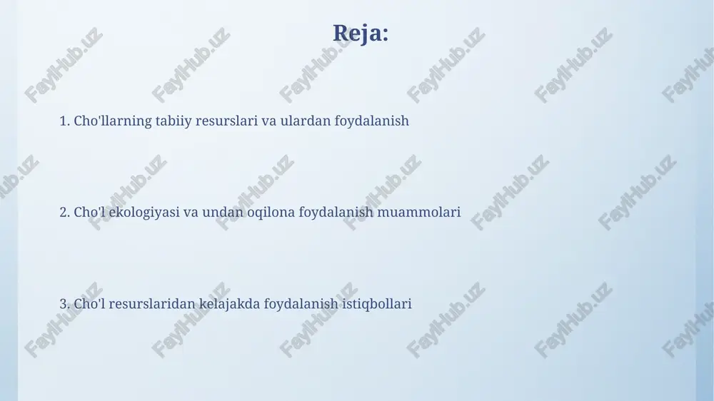 ligi mahsulotlarining yetishmovchiligiga olib keladi, tuproq eroziyasi esa 30% ga ko'payadi. cho'llanishga qarshi kurashda agroforestatsiya usuli 25 gektar maydonda o'simlik qoplamini tiklashga yordam beradi, biroq moliyaviy resurslar yetishmasligi sababli 40% loyihalar to'xtab qolmoqda. cho'l texnologiyalari va kelajakdagi istiqbollar cho'l texnologiyalari suvni tejashning innovatsion usullarini o'z ichiga oladi, masalan, suv bug'lanishini kamaytirish uchun polimerlar bilan ishlov berilgan tuproqlar, bu 30-40% suvni tejaydi. kelajakda cho'l resurslaridan foydalanish istiqbollari quyosh energiyasini yig'ishga qaratilgan bo'lib, yirik quyosh fermalari orqali millionlab kilovatt elektr energiyasi ishlab chiqarish mumkin. e'tiboringiz uchun rahmat image4.png image5.png image6.jpg image7.jpg image8.jpg image9.jpg image10.jpg image11.jpg image1.jpeg