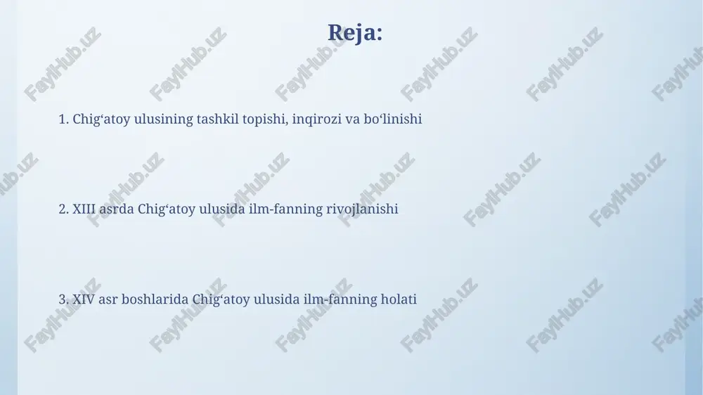 adaniyat almashinuvini, xususan, astronomiya va tibbiyot sohalarida, 13-14-asrlarda ragʻbatlantirdilar. xiii asrda ilm-fanning umumiy holati xiii asrda islom olamida ilm-fan nisbatan ravnaq topdi, ko'plab madrasalar va kutubxonalar qurilib, astronomiya, matematika kabi sohalarda muhim yutuqlarga erishildi. 13-asrda xitoyda matbaa texnologiyasi rivojlanishi tufayli kitoblar ommalasha boshladi, bu esa bilim tarqalishini tezlashtirib, ilmiy bilimlarning kengayishiga xizmat qildi. astronomiya va matematika sohasidagi yutuqlar chig'atoy ulusida astronomlar quyosh, oy va sayyoralarning harakatini aniq kuzatish uchun murakkab asboblar, jumladan, kvadrantlar va astrolyabiyalar ishlab chiqdilar. matematika sohasida olimlar algebra va geometriyaga oid bilimlarni rivojlantirdilar. ular tenglamalarni yechishda va shakllarni o'rganishda sezilarli yutuqlarga erishdilar. tibbiyot va farmatsiya rivoji chig'atoy ulusida ibn sino (avitsenna) asarlari tibbiyotda keng qo'llanilib, "tib qonunlari" 14-asrda ham asosiy darsliklardan biri bo'lgan. farmatsiya rivojida dorivor o'simliklar yetishtirish va ulardan turli xil 300 dan ortiq dori-darmonlar tayyorlash bo'yicha tajribalar olib borilgan. tarix va geografiya fanlarining taraqqiyoti chag'atoy ulusida tarixshunoslik rivoji ibn al-asirning "al-komil fit-tarix" asarining ko'chirilishi va …